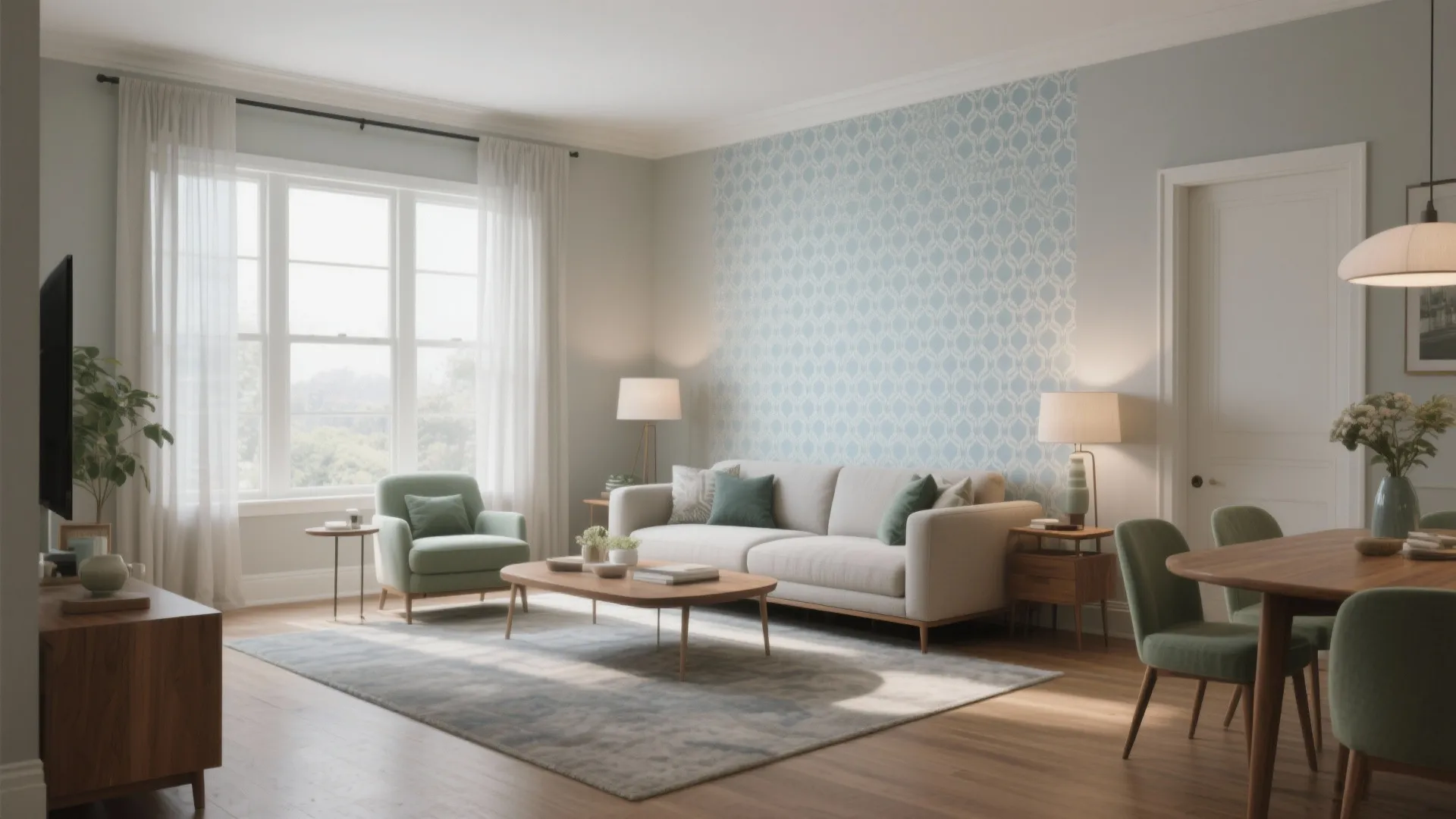 Modern living room with blue pattern wallpaper white sofa green armchairs wooden table and lamps