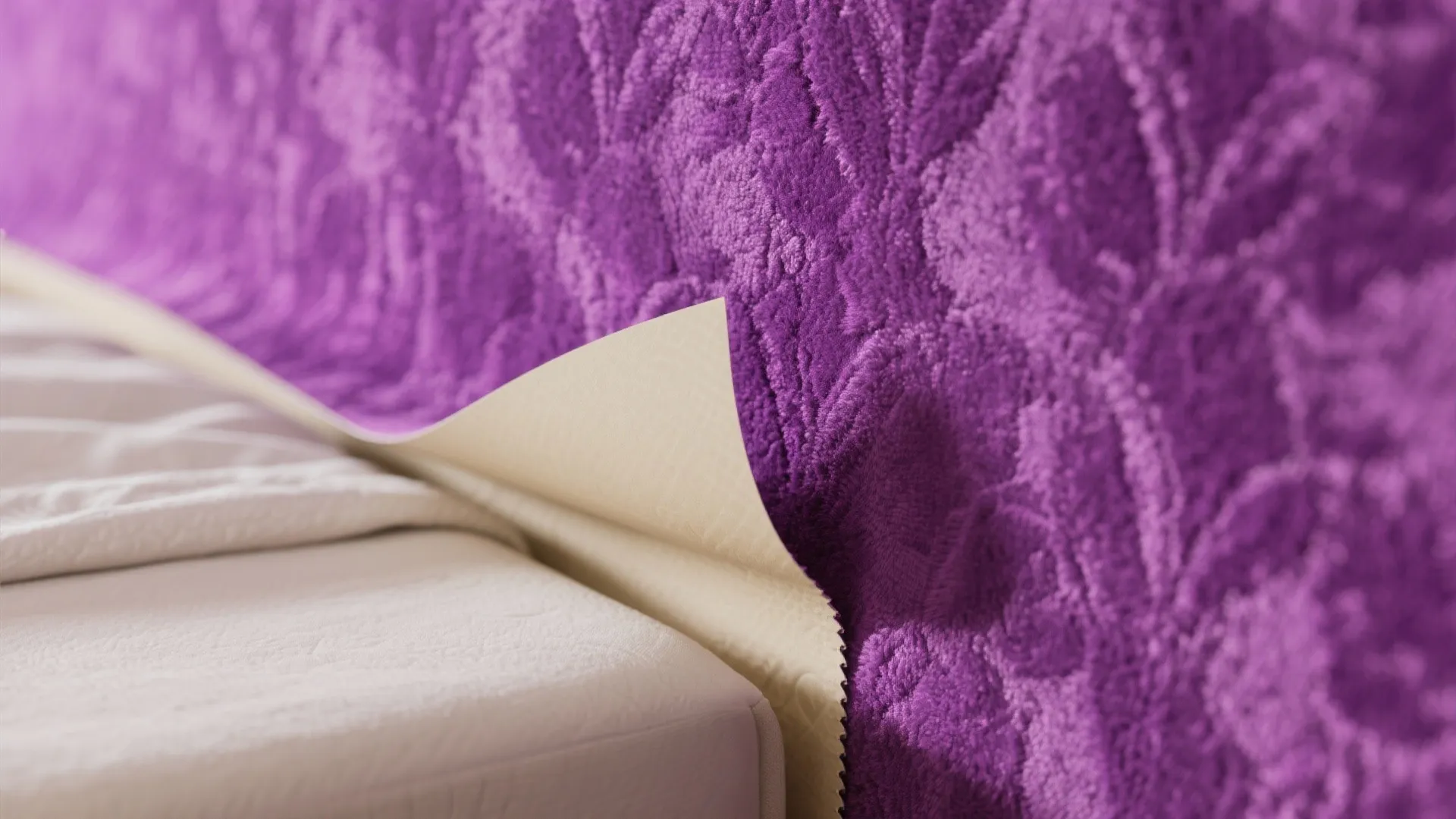 Purple floral textured wallpaper being peeled back next to a white mattress in a bedroom