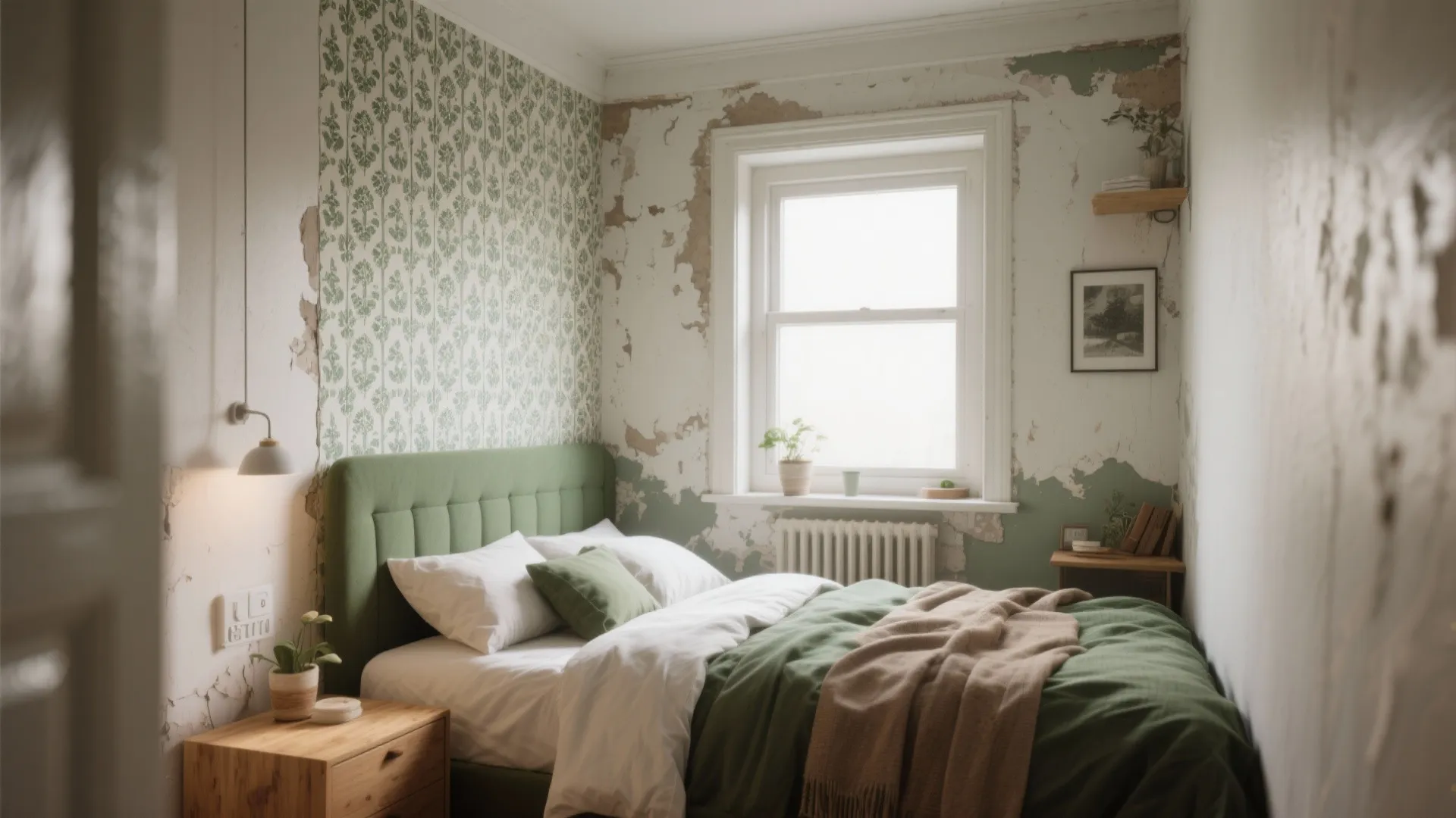 Bedroom with green headboard floral wallpaper peeling paint white bedding wooden table and natural light