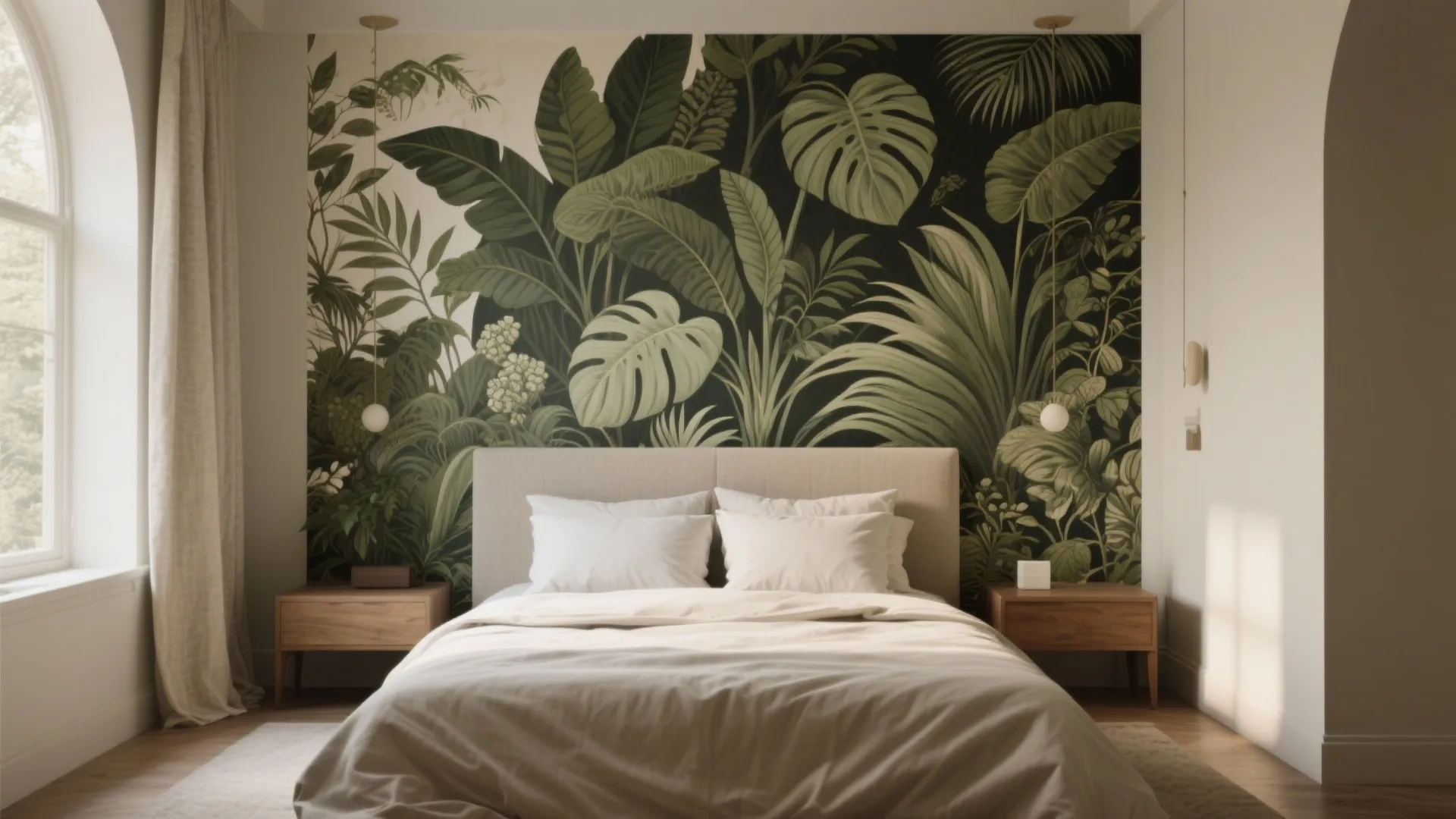 3. Oversized Wallpaper Graphic Behind the Bed