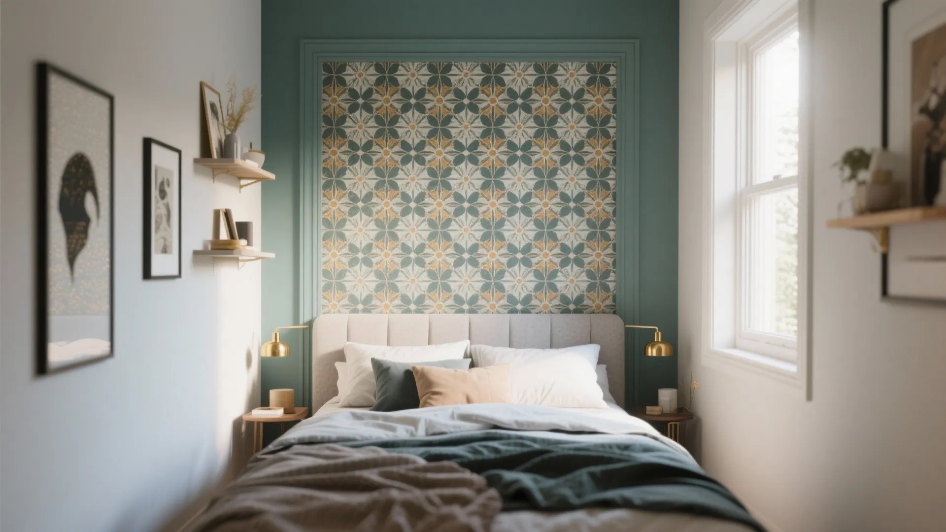 Tiny bedroom with a bold peel-and-stick wallpaper panel framed by painted surround and layered bedding.