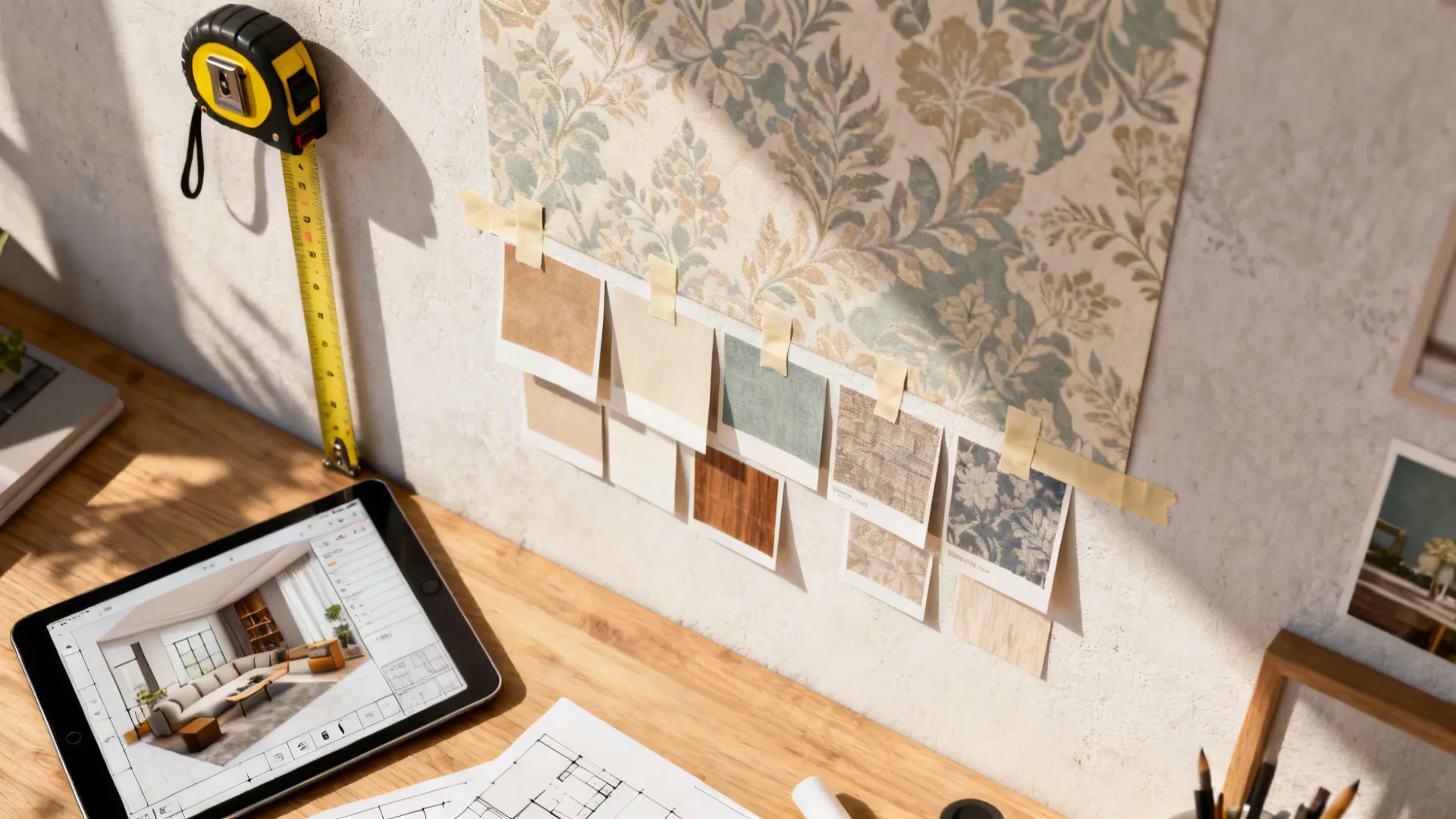 Top-down scene of wallpaper planning with swatches, measuring tape and a 3D room planner on tablet.