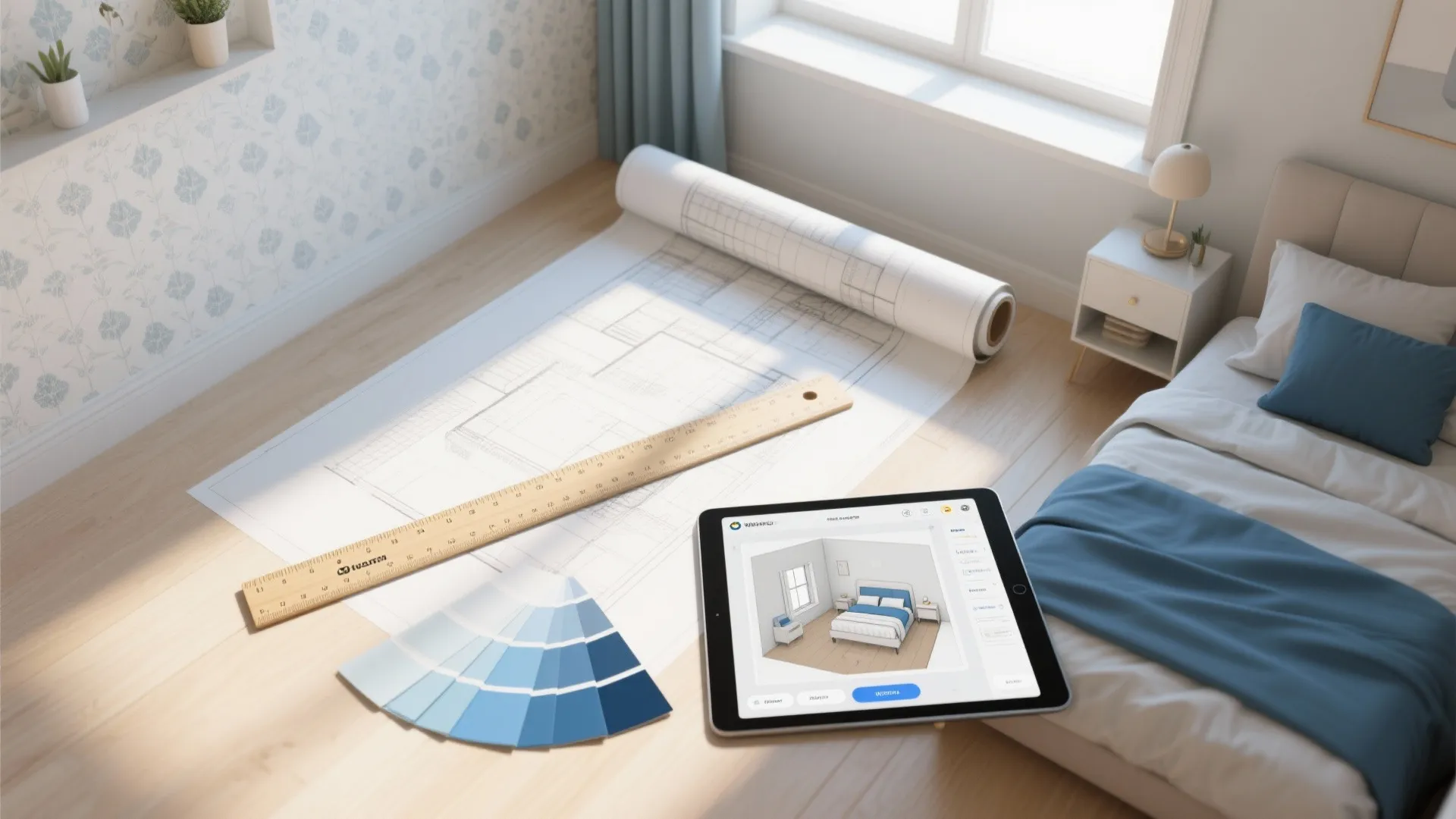Floor plan roll with wooden ruler and blue color swatches near tablet showing 3D bedroom
