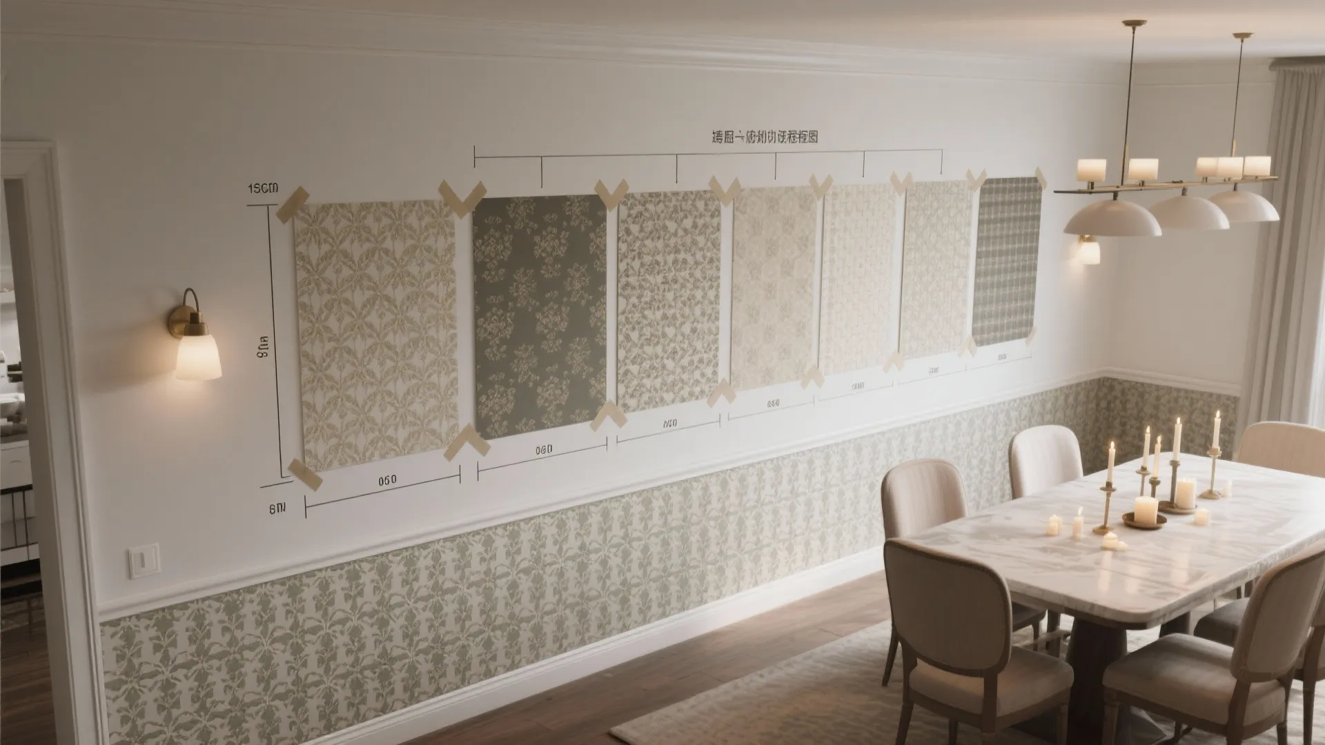 Dining room wall showing various wallpaper samples with different patterns taped above a marble table