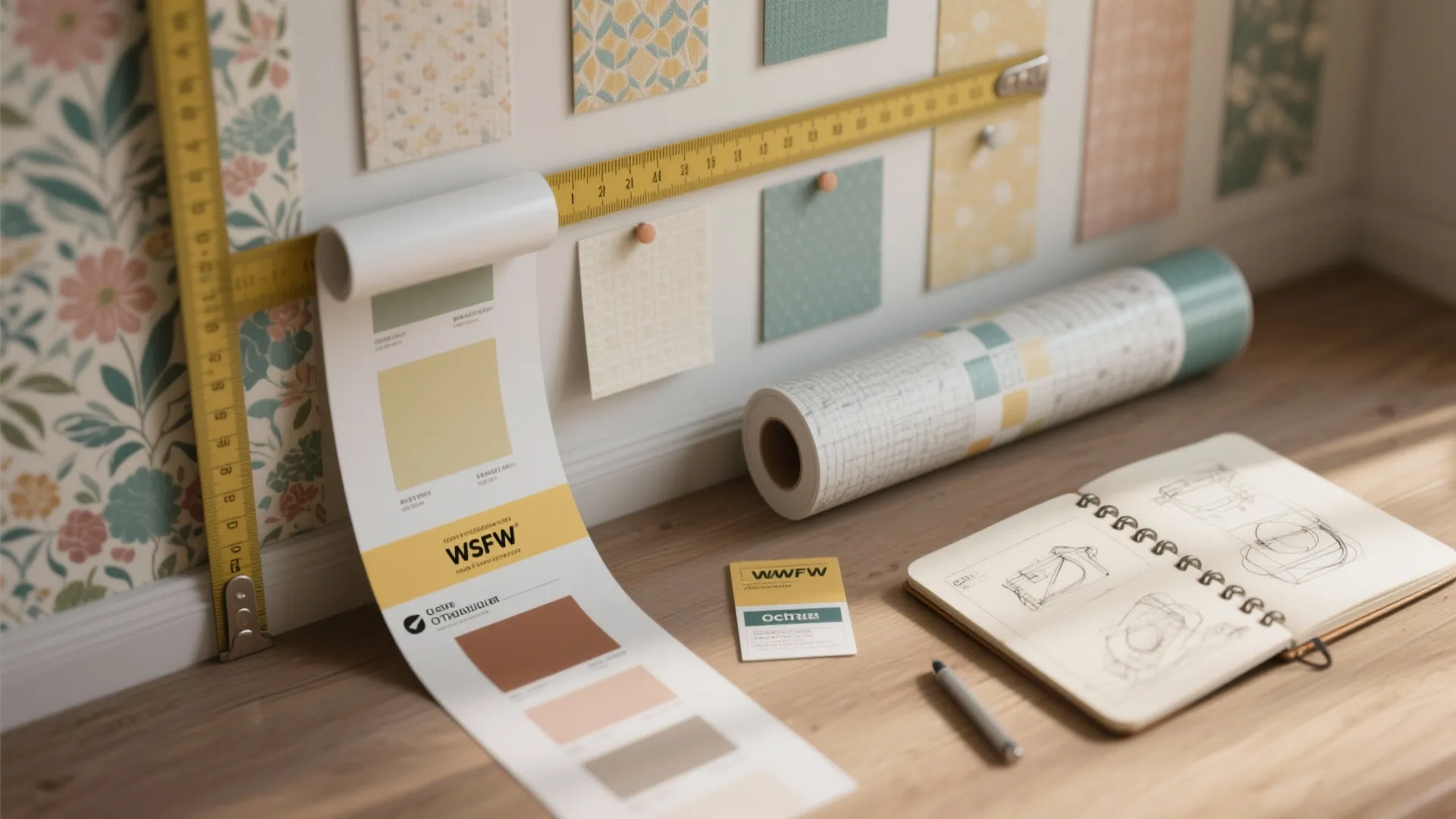 Wallpaper samples and color cards on a desk with a measuring tape and a sketchbook