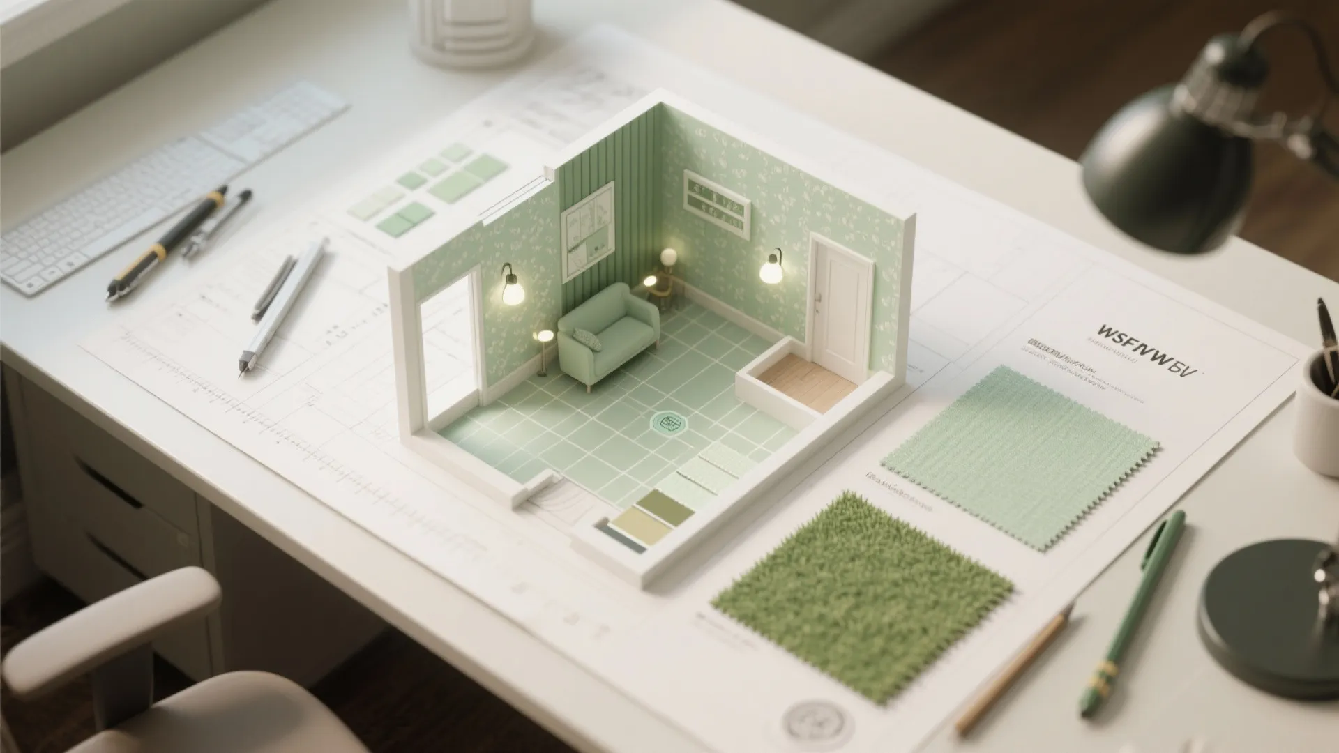 A 3D small room model on a desk with interior design drawing and green samples