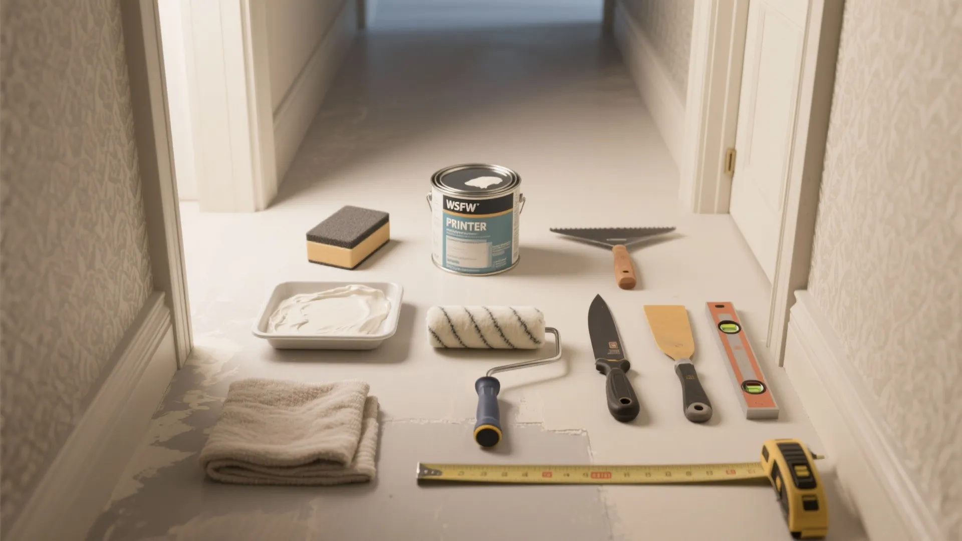 Wallpaper tools on floor including paint can roller brush level tape measure and a small tray