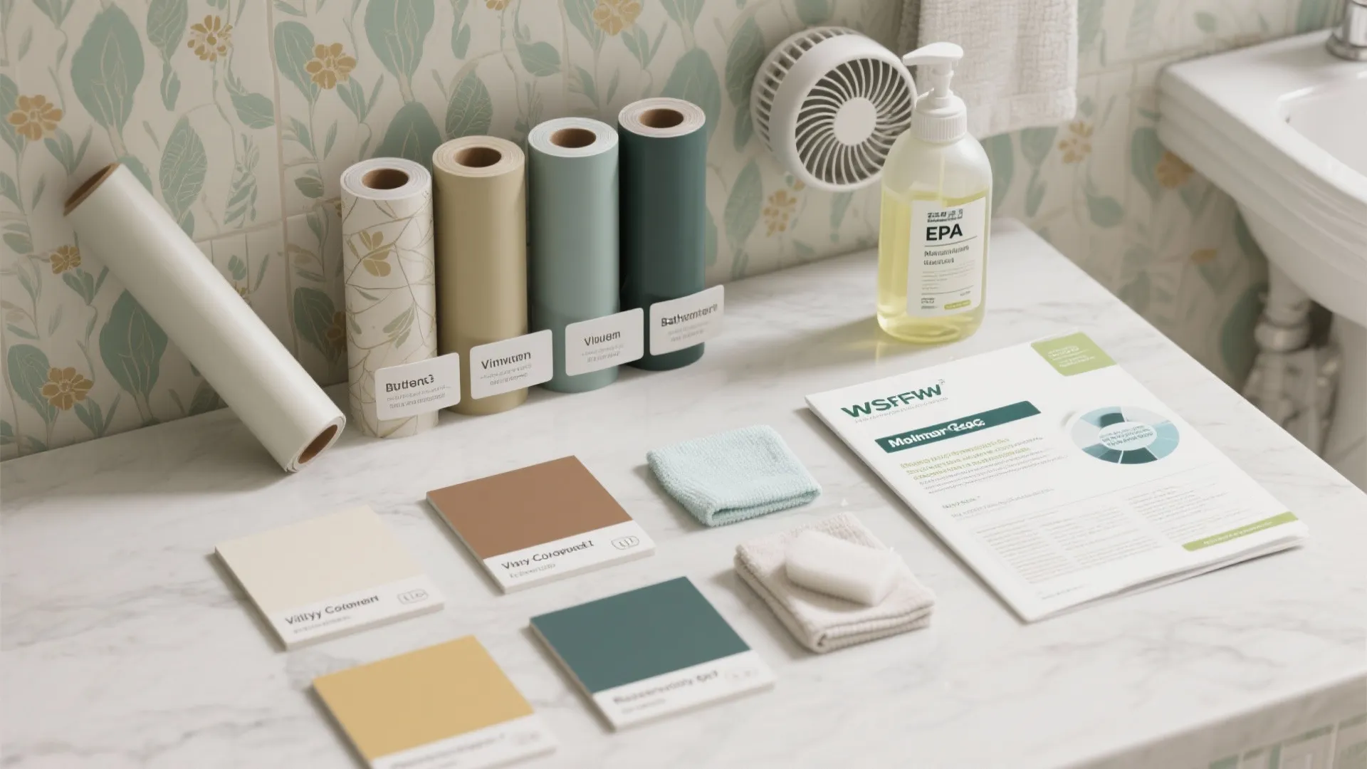 Flatlay of vinyl and removable wallpaper samples, cleaning supplies, and ventilation guidance materials.