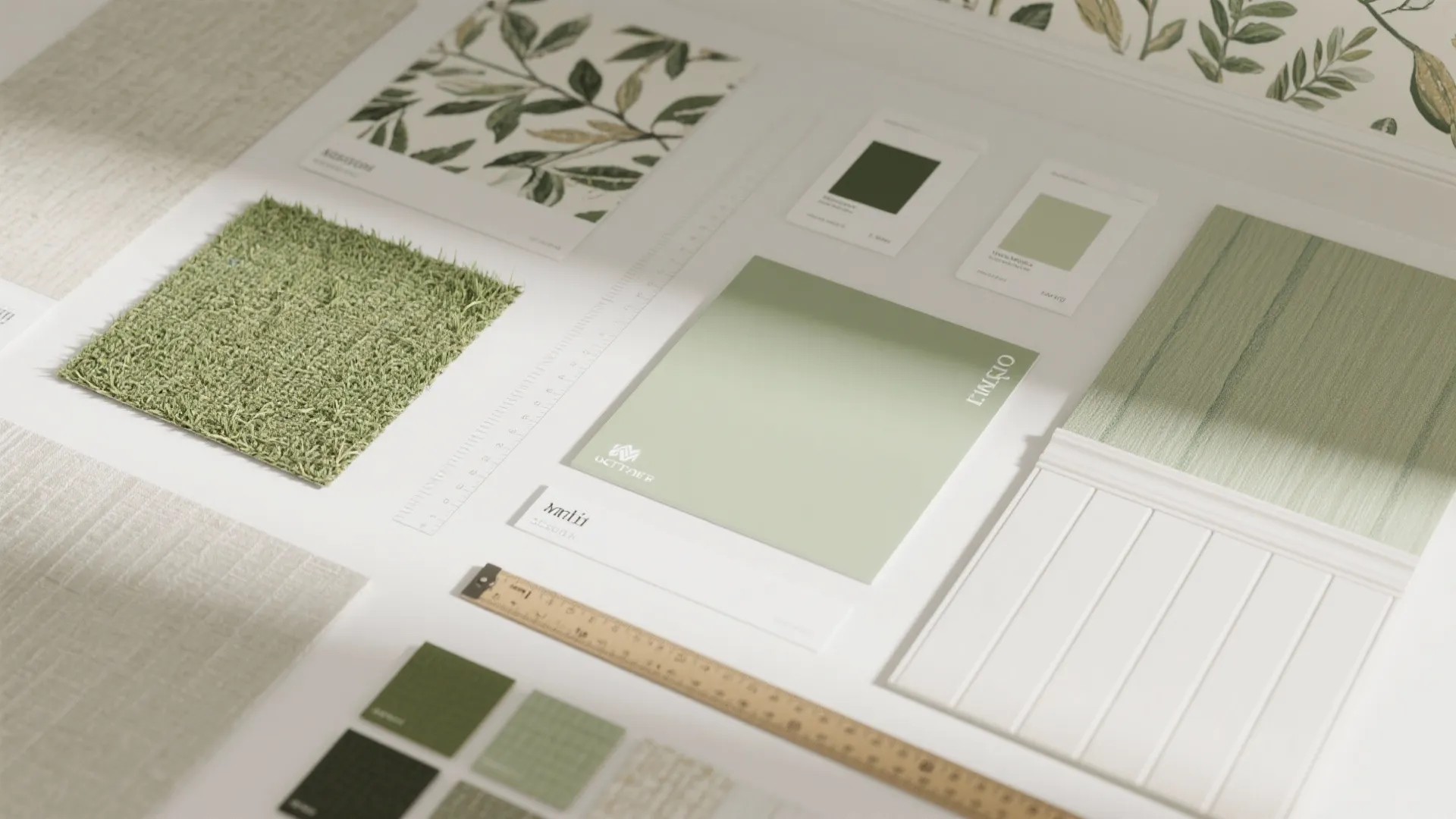Interior design mood board with green color samples and white wall panel pieces on table