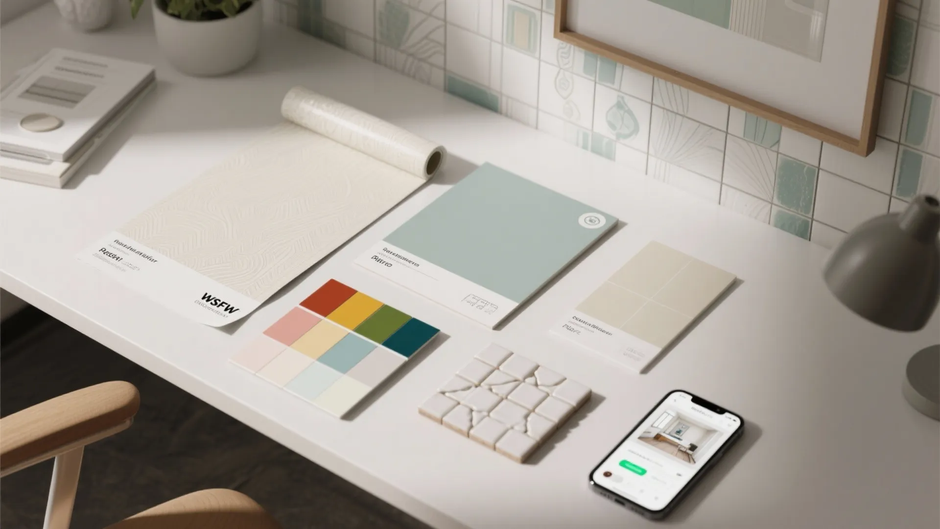 Interior design materials on white desk including color palettes tile samples wallpaper and mobile phone