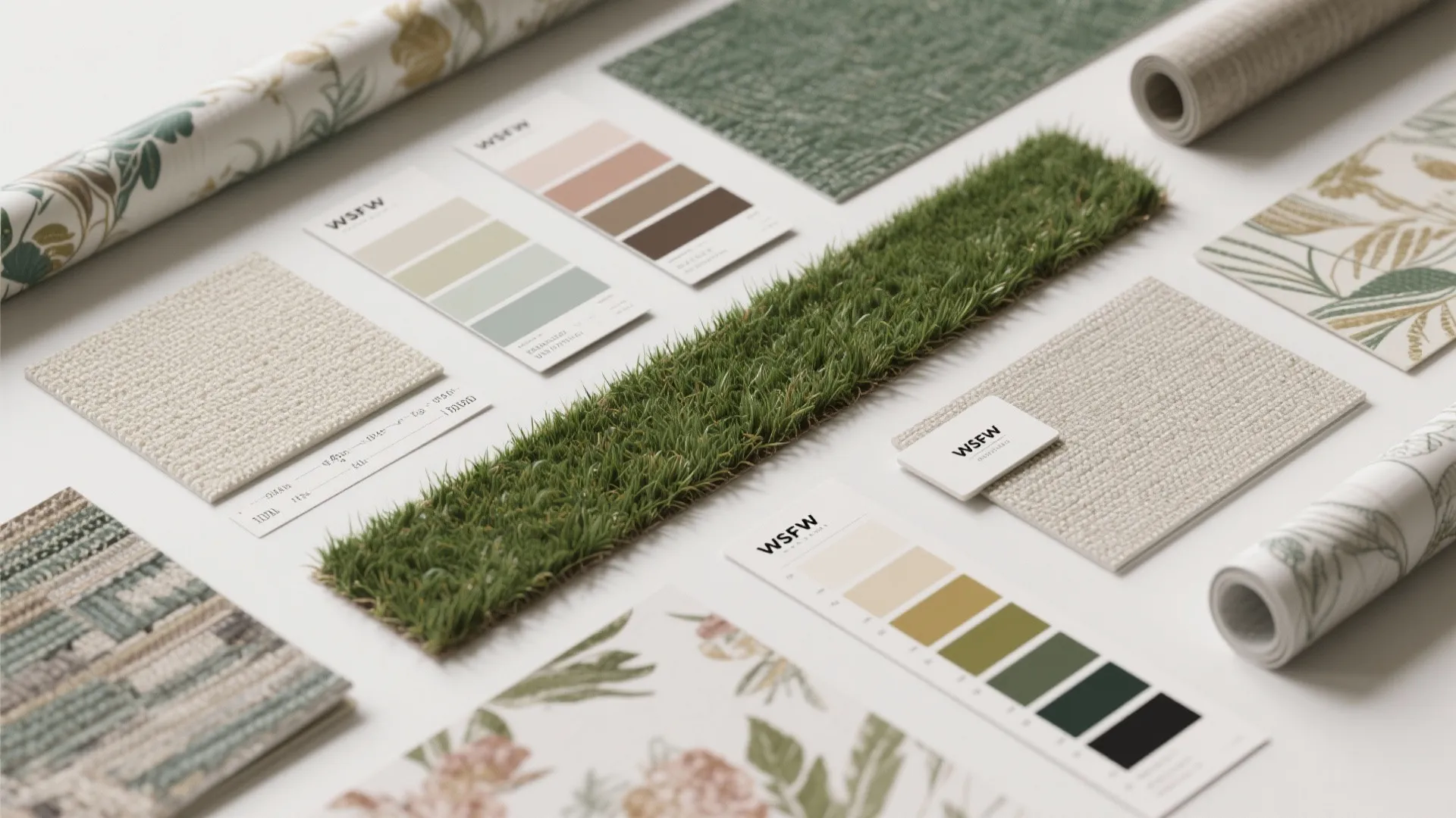 Top-down flatlay of wallpaper samples and material swatches for comparison