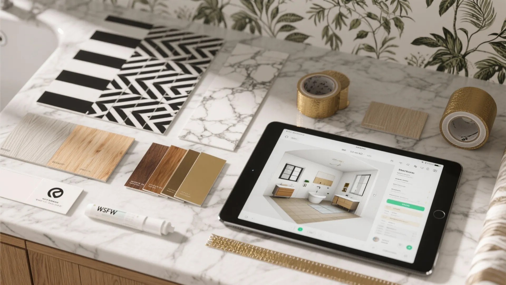 Flatlay of wallpaper samples tile patterns and a tablet showing a 3D interior design room