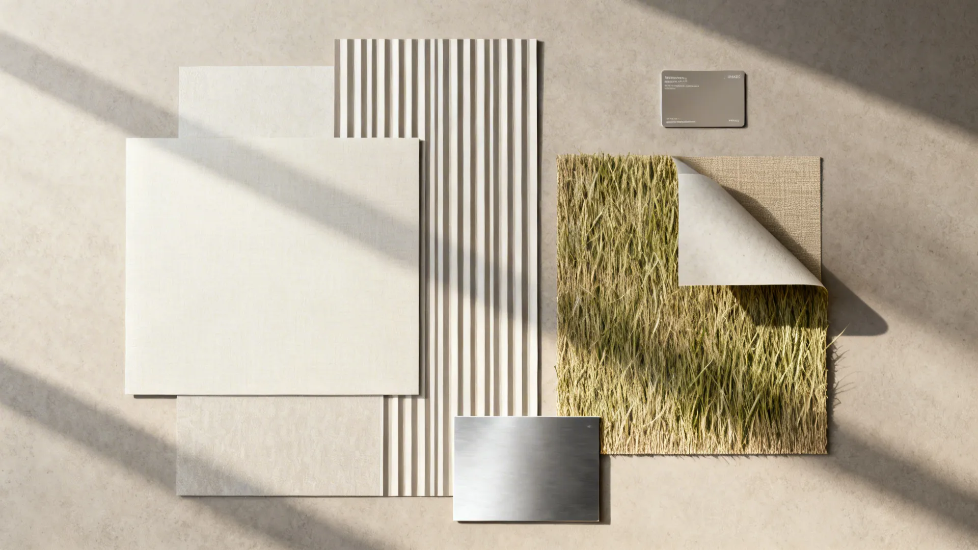 Top-down flatlay of wallpaper samples and material swatches including grasscloth and peel-and-stick