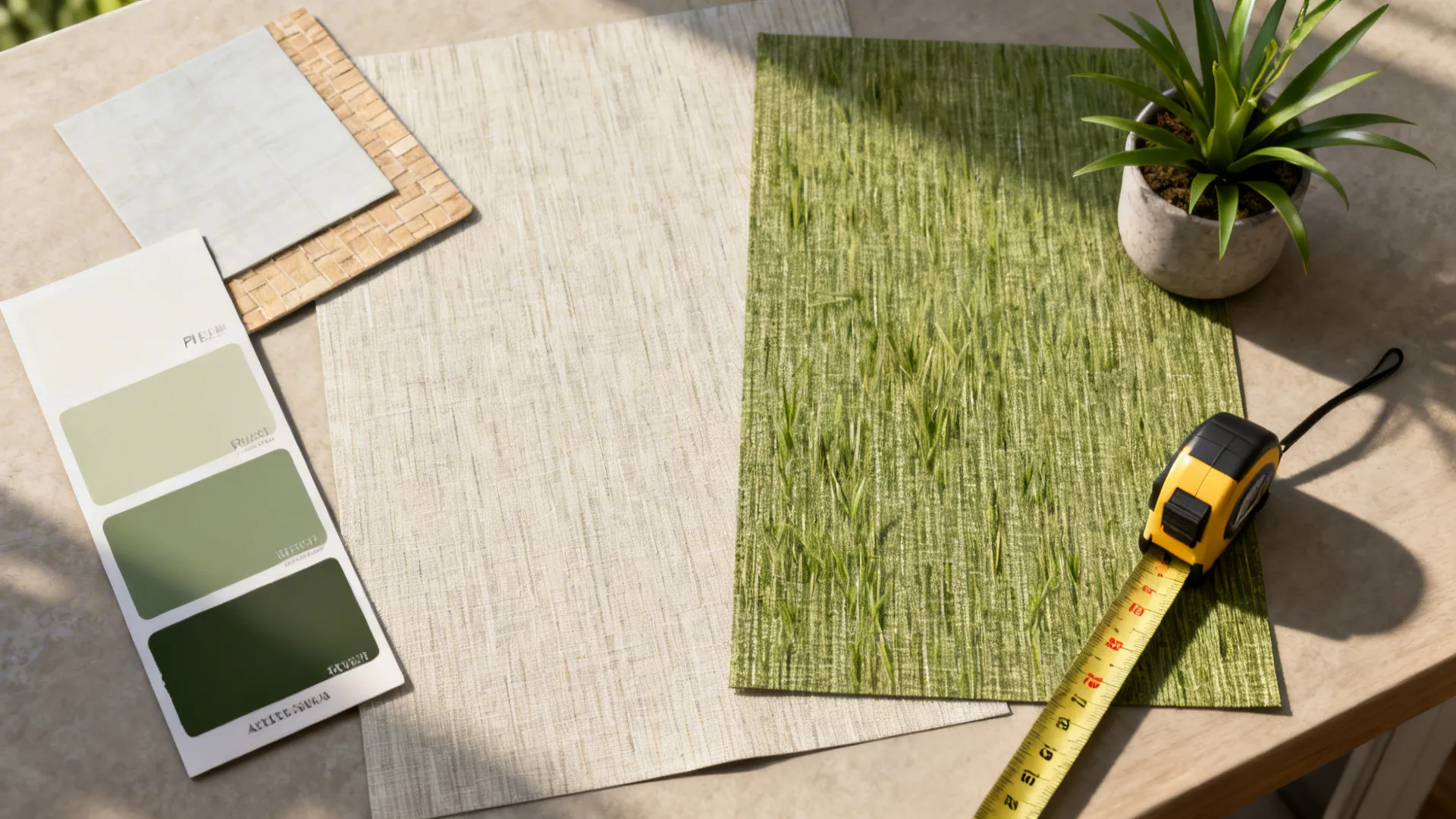 Flatlay of wallpaper samples, paint chips and tools for testing accent walls