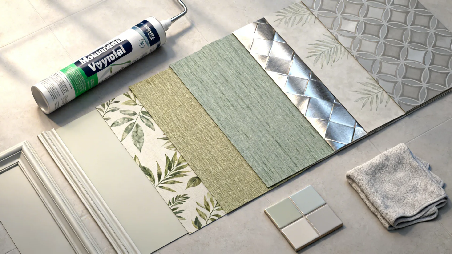 Flatlay of bathroom wallpaper samples, vinyl swatches, adhesive and paint chips for trim balancing.