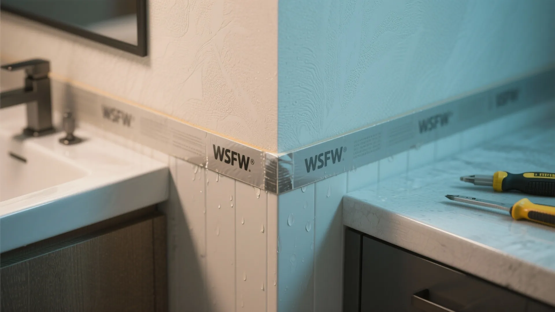 Close up of waterproof sealing tape applied to white wall corner next to bathroom sink