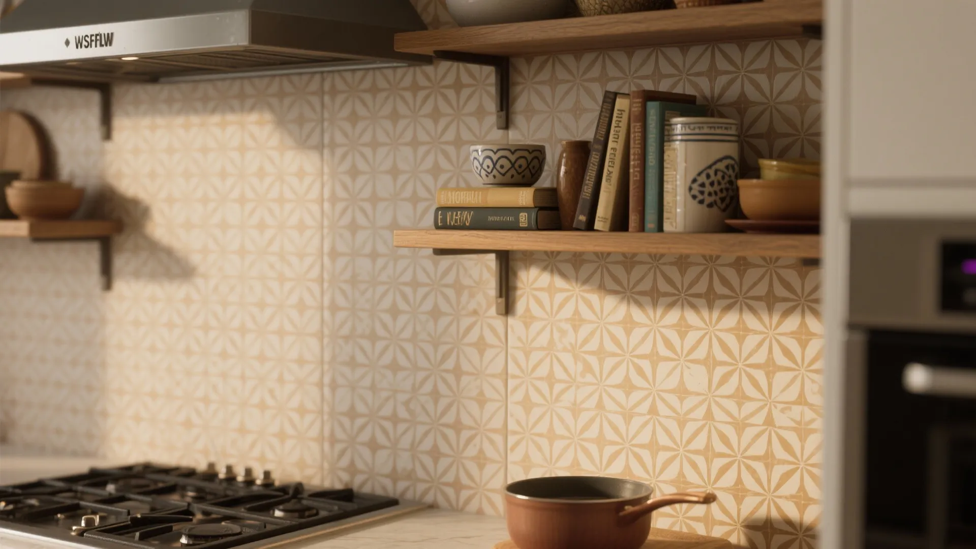 Kitchen wall with patterned tiles wooden open shelves holding books bowls and a small cooking pot