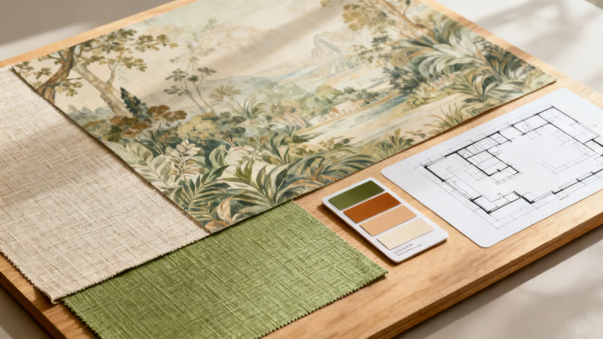Flat lay of wallpaper options and color chips summarizing dining room choices.