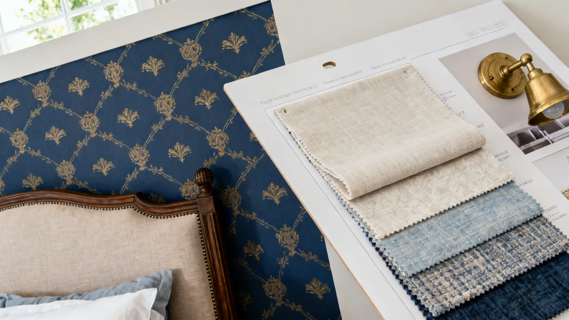Swatch layout of navy wallpaper with subtle gold pattern and linen/brass samples for scale.
