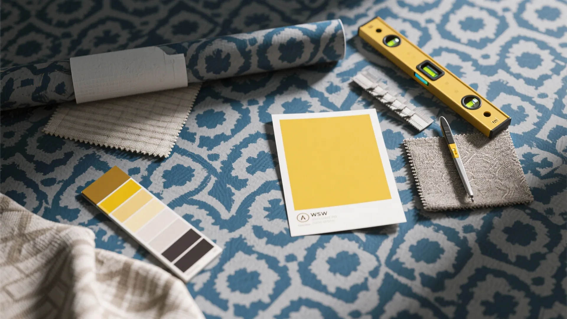 Flatlay of navy-grey patterned wallpaper with mustard-yellow swatch and fabric samples.