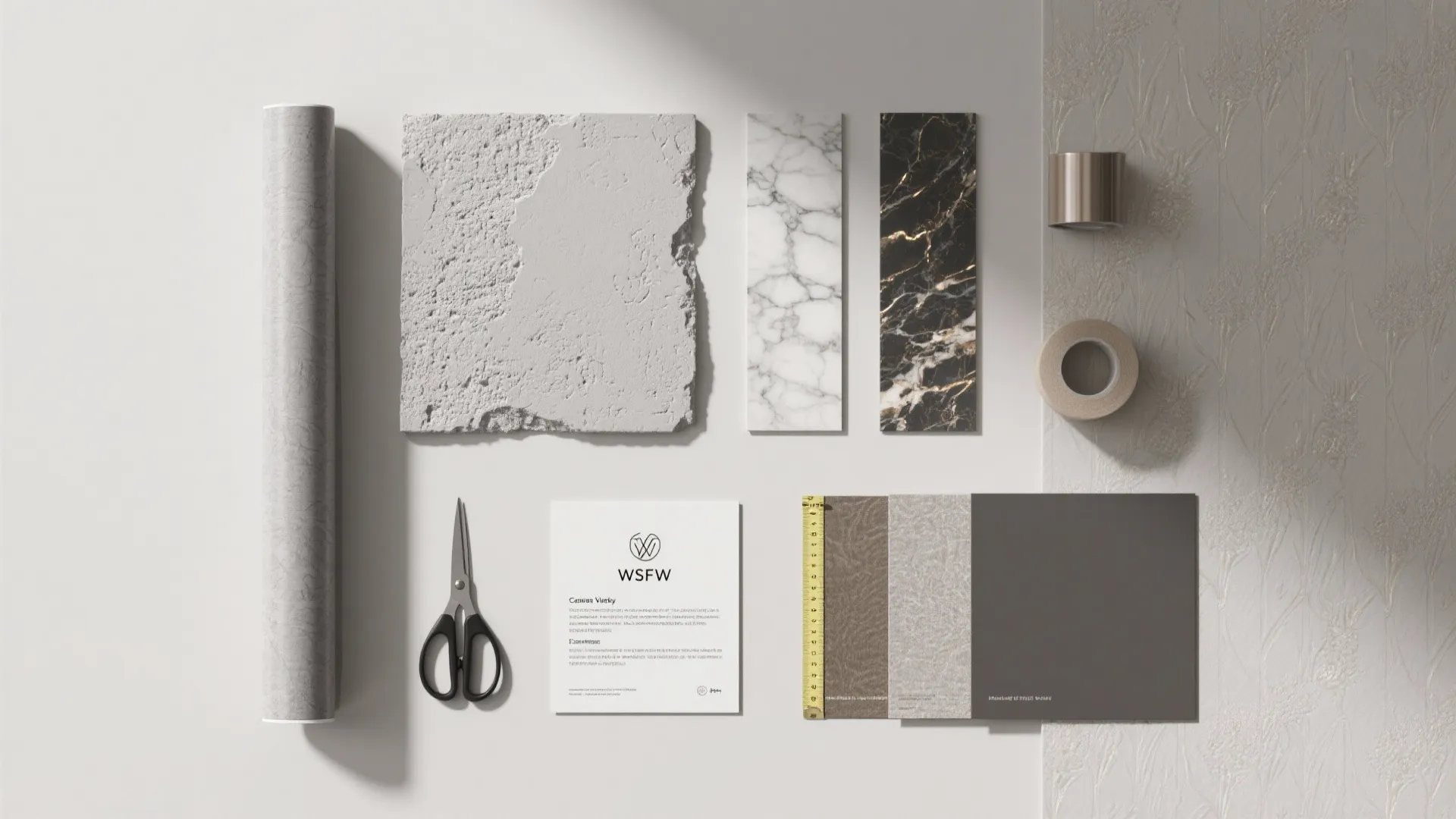 Flatlay of gray wallpaper swatches and moisture-rated material samples with tools