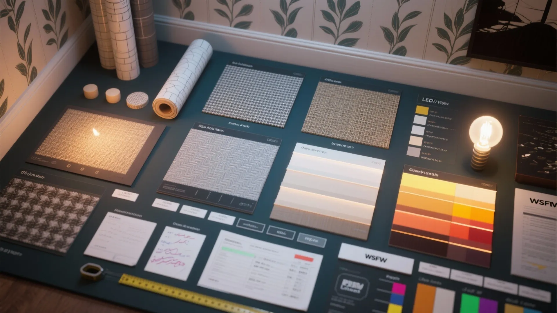 Top-down view of wallpaper samples, lighting swatches and budgeting notes for wallpaper choices.