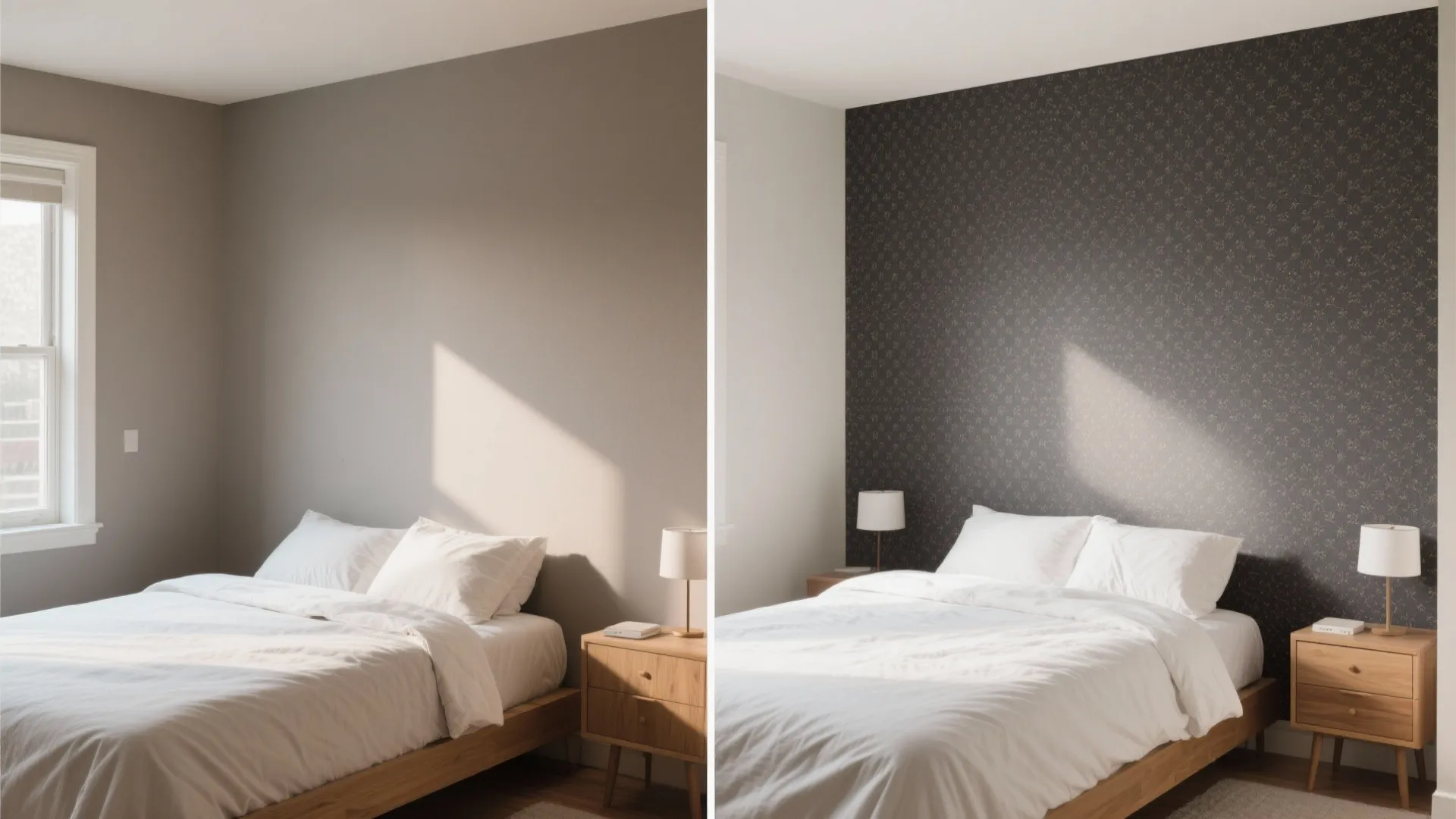 Before and after comparison of a bedroom with plain grey walls versus dark patterned wallpaper