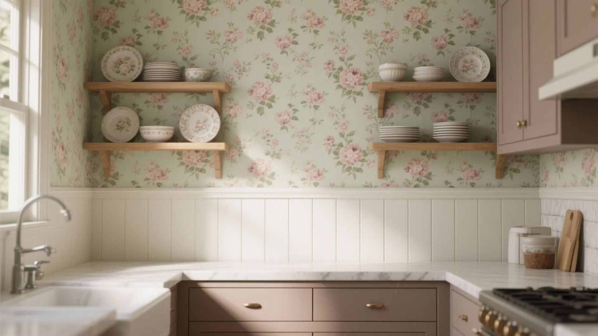 Floral Wallpaper with Wainscoting or Backsplash Effects