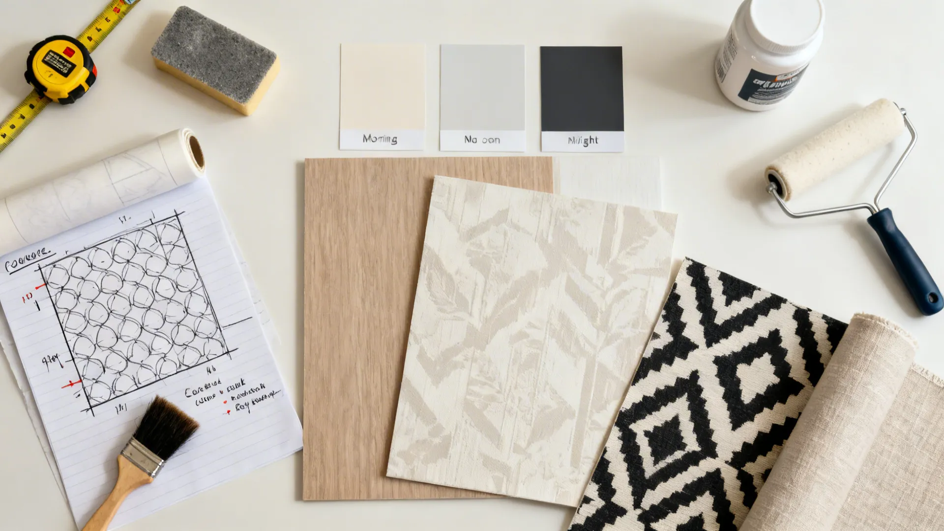 Top-down flatlay of measuring, prep tools, pattern samples, and lighting tests for wallpaper planning.