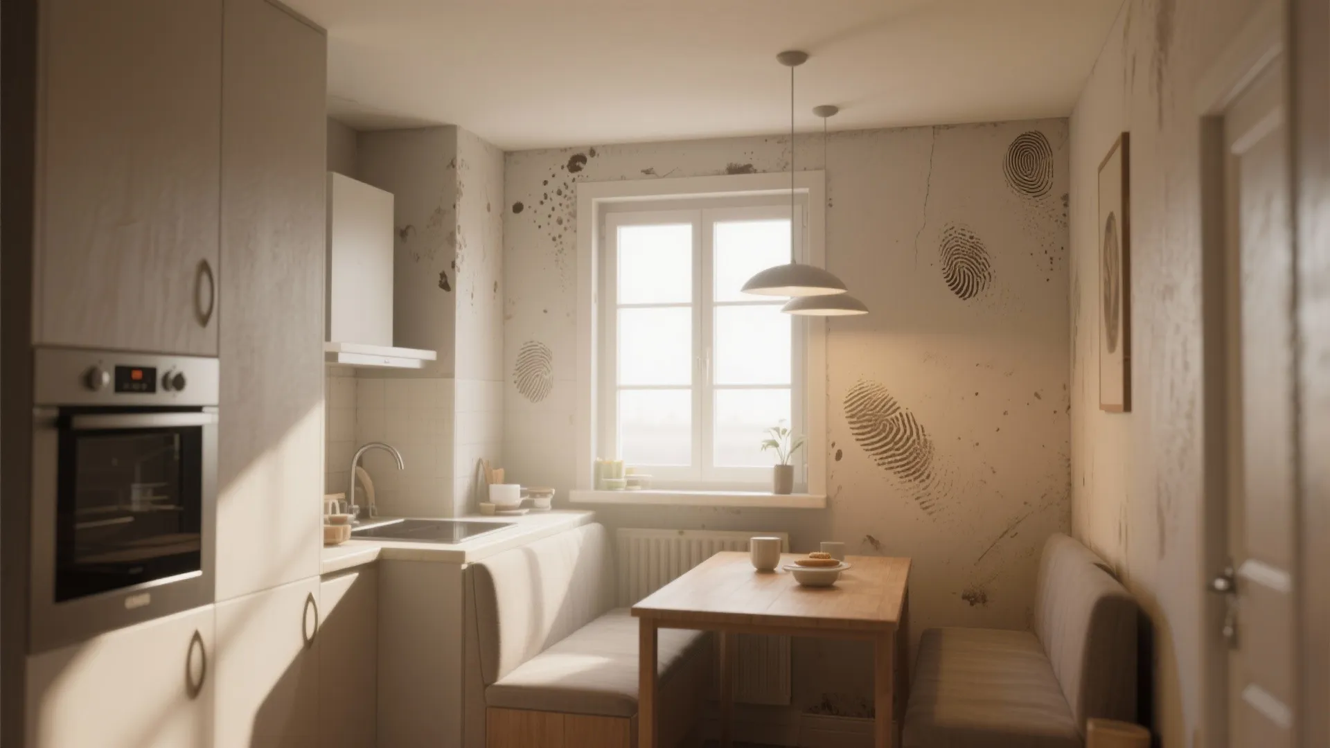Small kitchen and dining area with dirty walls showing fingerprints next to a wooden table