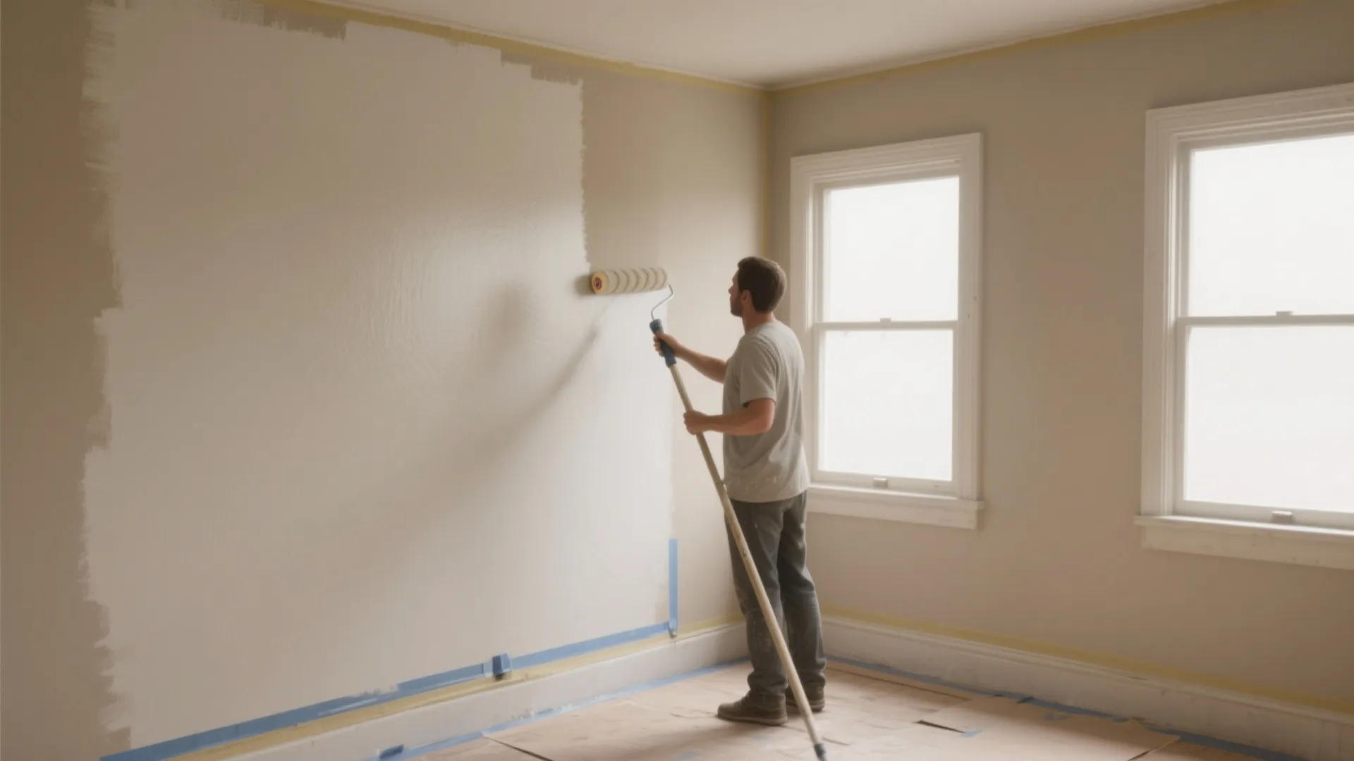 Painter rolling a single neutral wall color in a small room, showing broad coverage and careful cut-ins around trim.