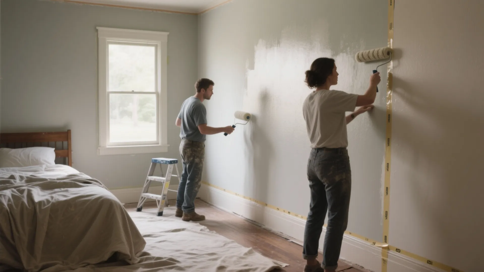 Man and woman painting bedroom walls with rollers while using tape and plastic for floor protection