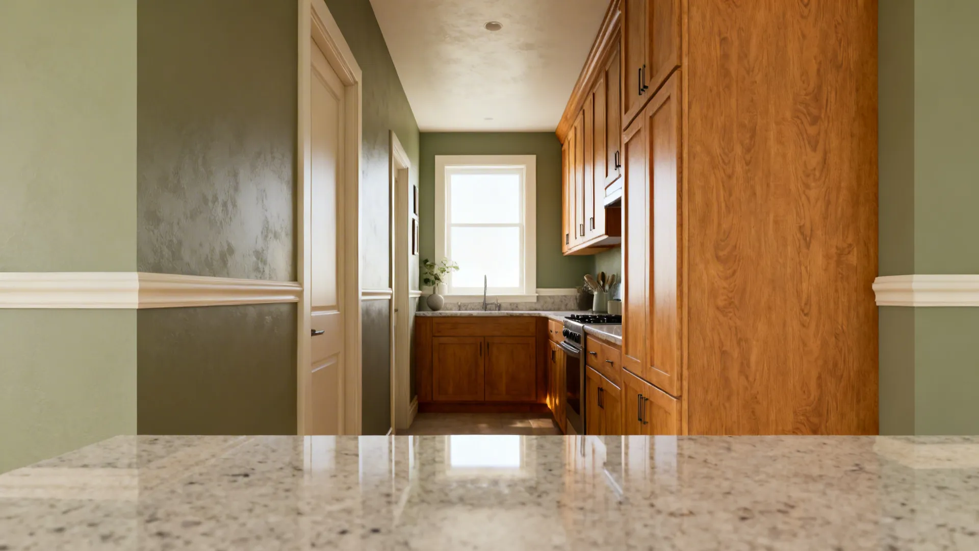 Galley kitchen with honey oak cabinets and muted sage walls creating a warm modern look.