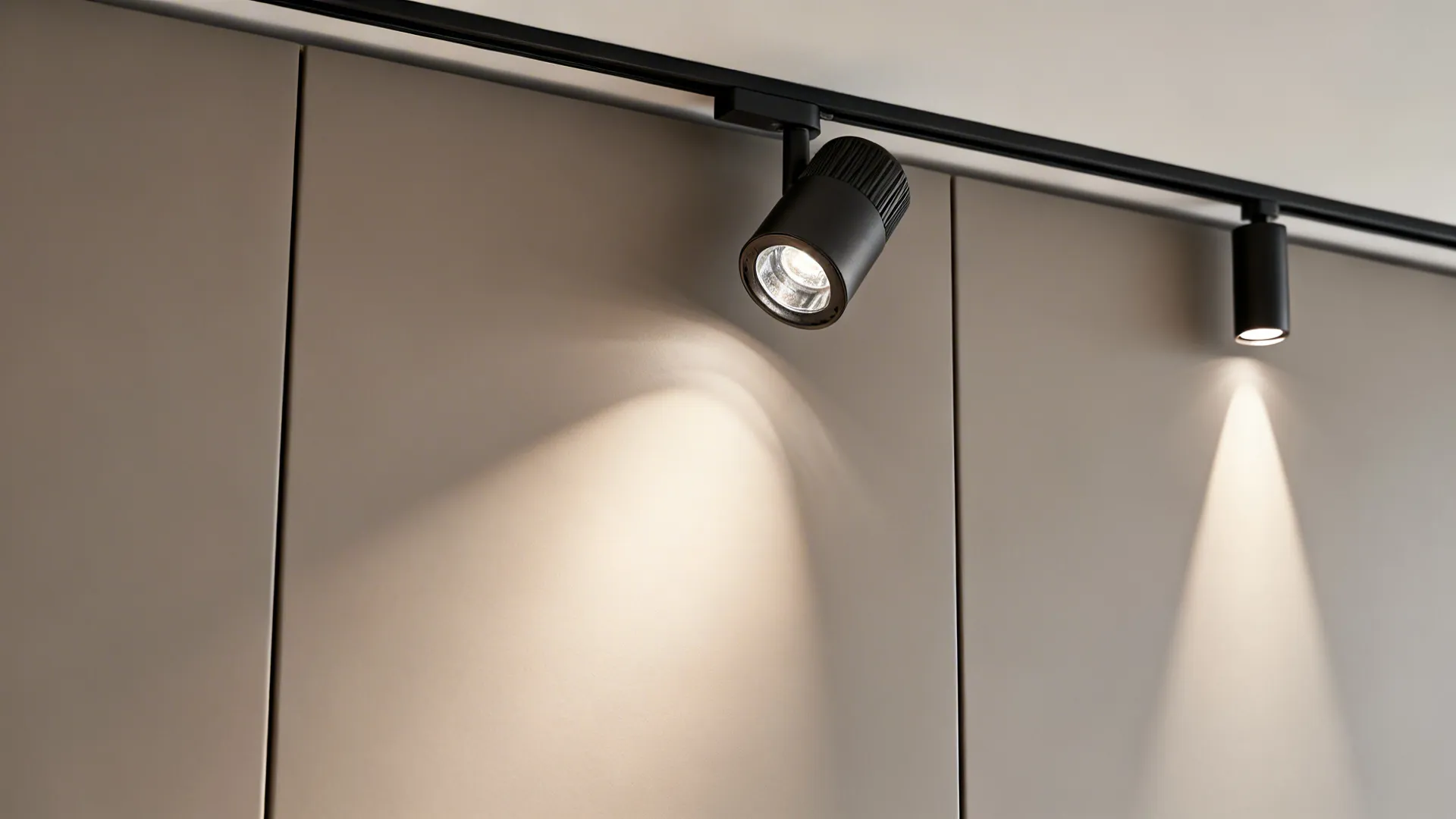 Macro of wall-wash track head with soft beam on cabinetry beside a narrow spot head.