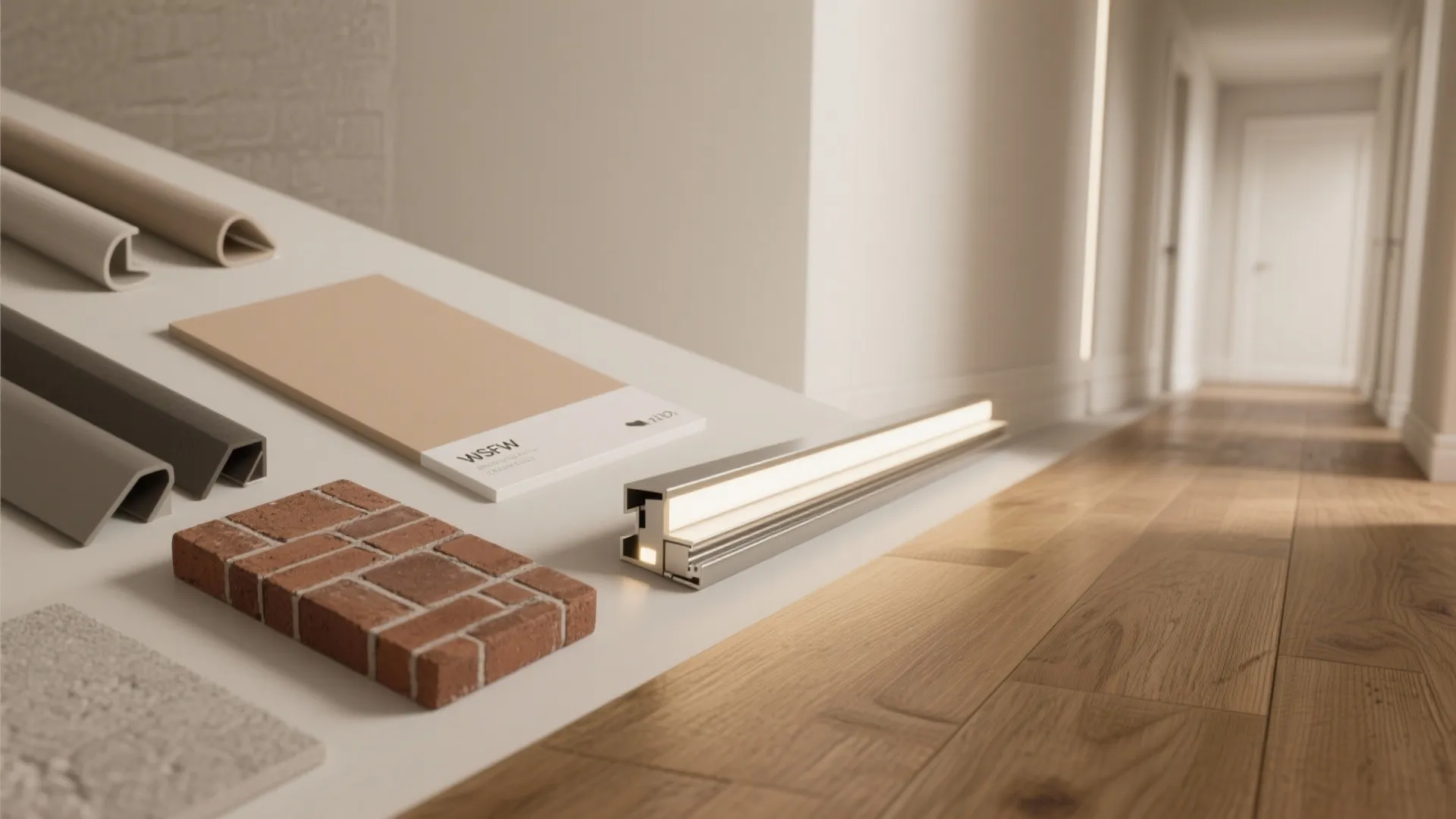 Selection of building materials including brick sample and light fixture on a white table surface