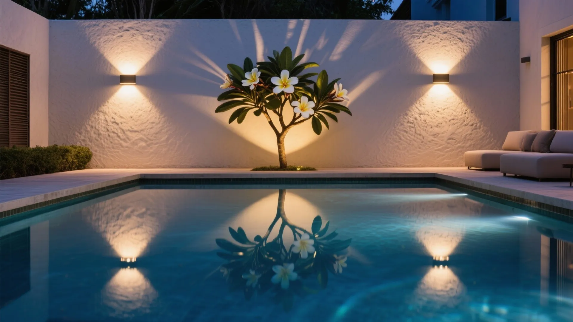 Night courtyard with wall washers and plant uplights casting reflections across a tranquil pool surface.