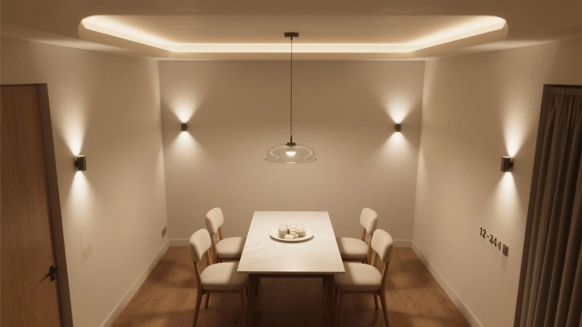 Modern dining room featuring four chairs, marble table, ceiling light, and four symmetrical wall lights