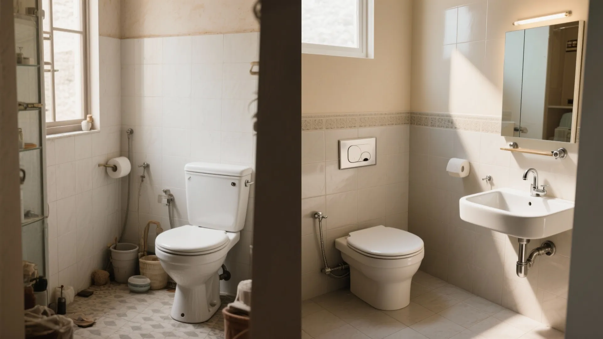 Before and after comparison of old bathroom toilet versus modern wall mount toilet and sink design