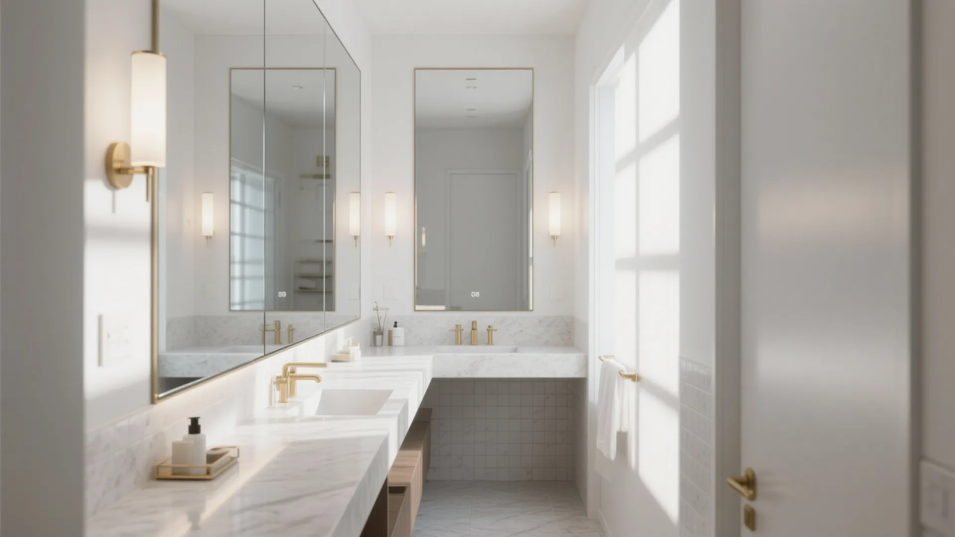 Spacious white bathroom featuring a long marble counter large wall mirrors gold faucets and wall lights