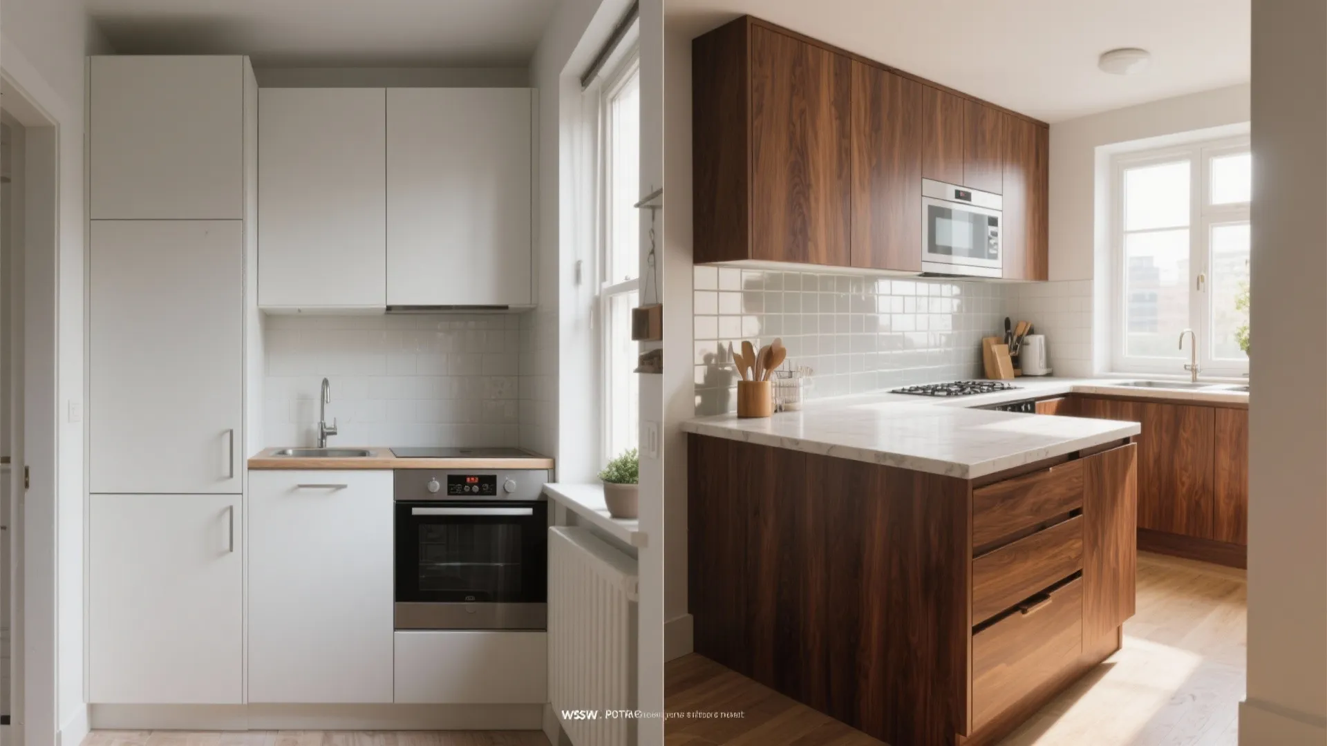 Before-and-after compact kitchen showing walnut-faced island and drawer fronts as focal accents.