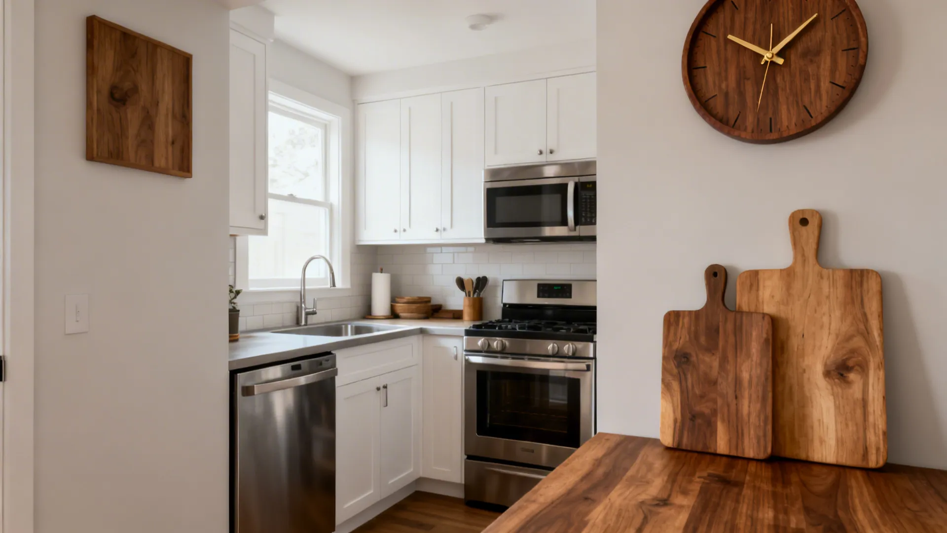 Wood Accent Clock to Warm a Cool Palette