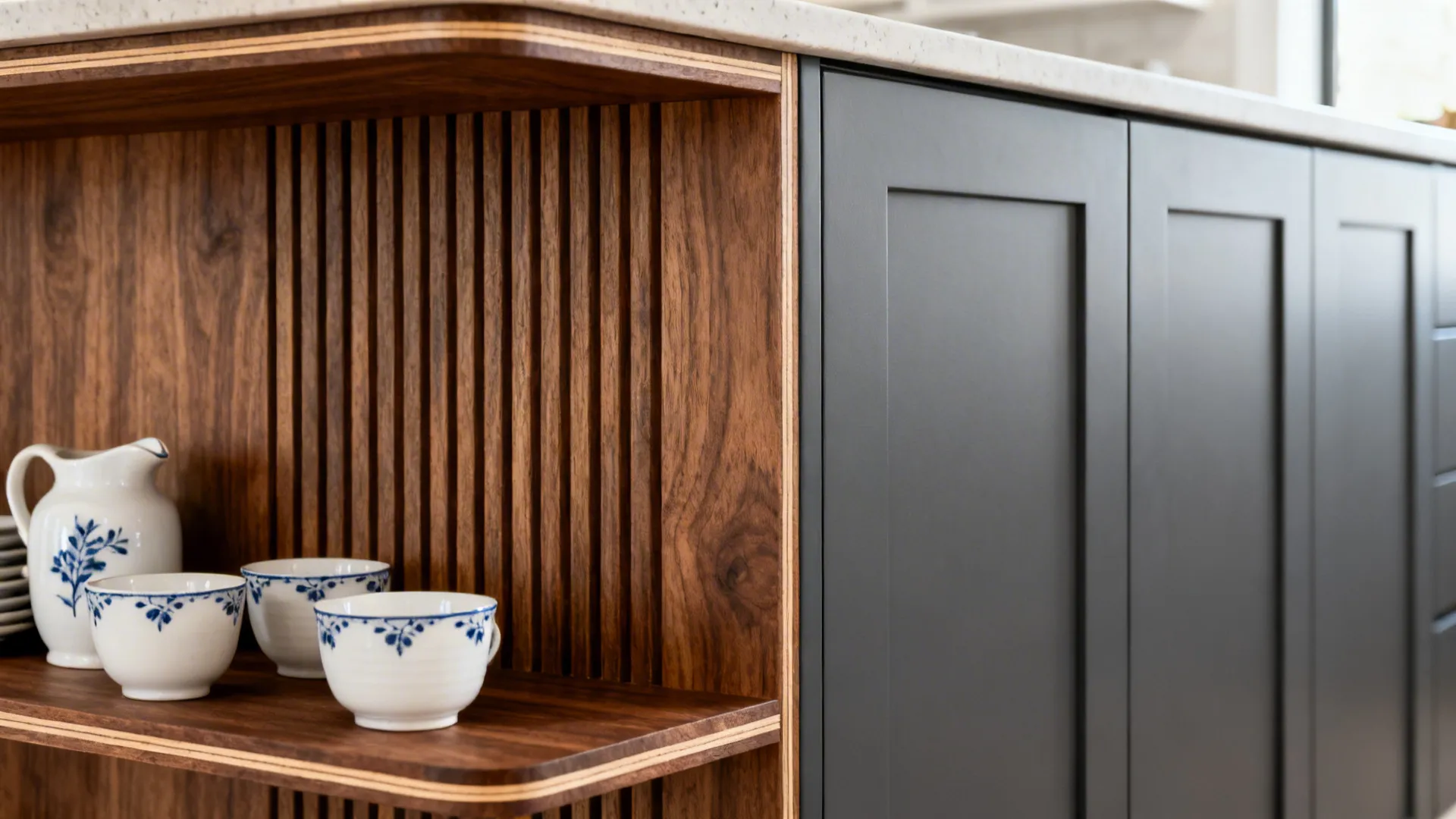 Close-up of a walnut veneer ribbed panel and open shelf beside matte slab doors.