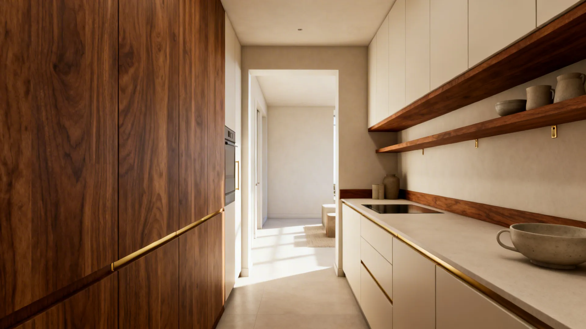Light kitchen with floating walnut shelves and walnut trim adding warmth and contrast.