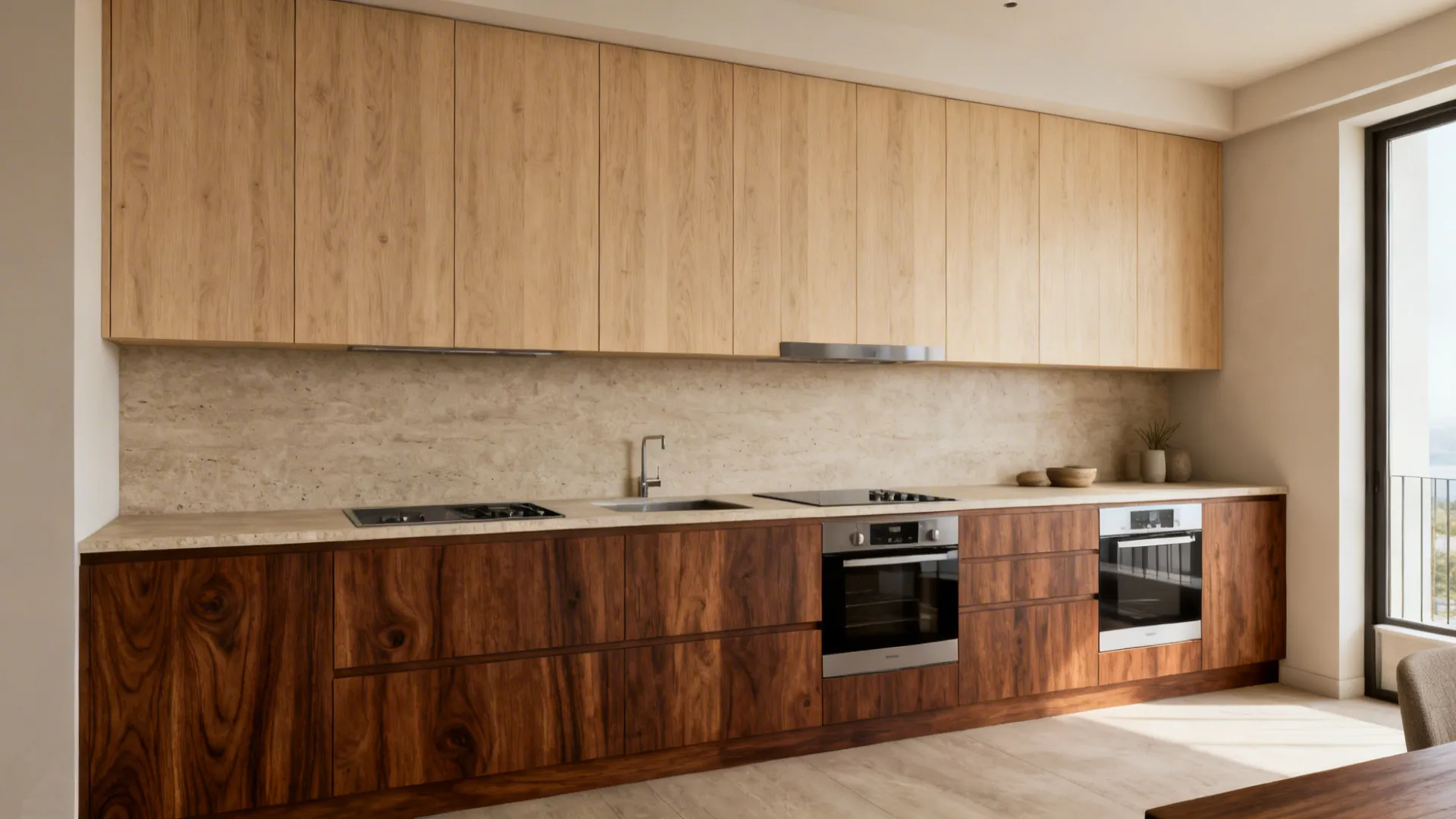 3) Walnut slab lowers with light-ash uppers