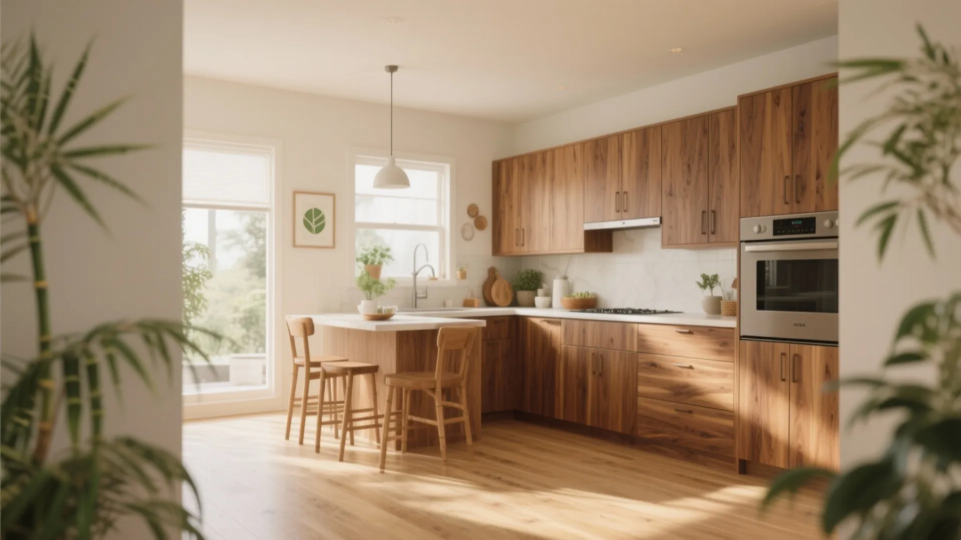 Modern kitchen with wood cabinets light wood floors breakfast bar chairs and natural window light