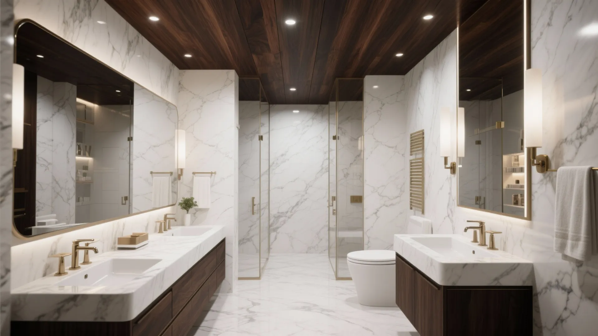Luxury bathroom with white marble walls dark wood ceiling double sinks and gold wall lights