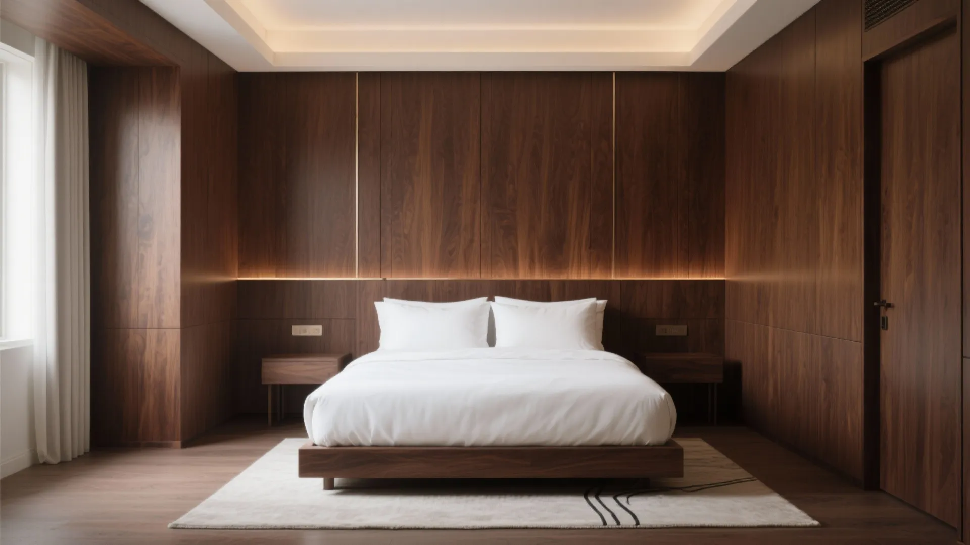 Floor-to-Ceiling Walnut Paneling Behind the Bed