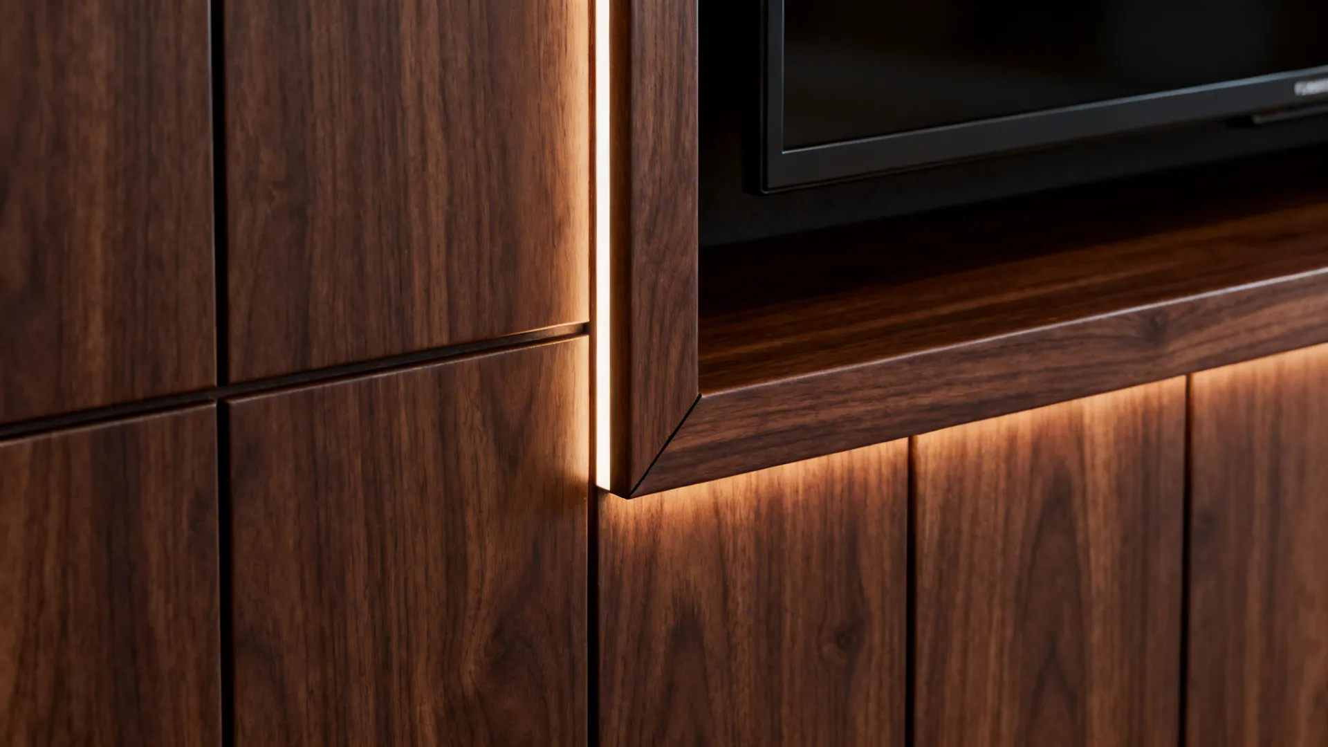 Macro of dark walnut panel tiles with micro-bevels and soft LED edge glow.