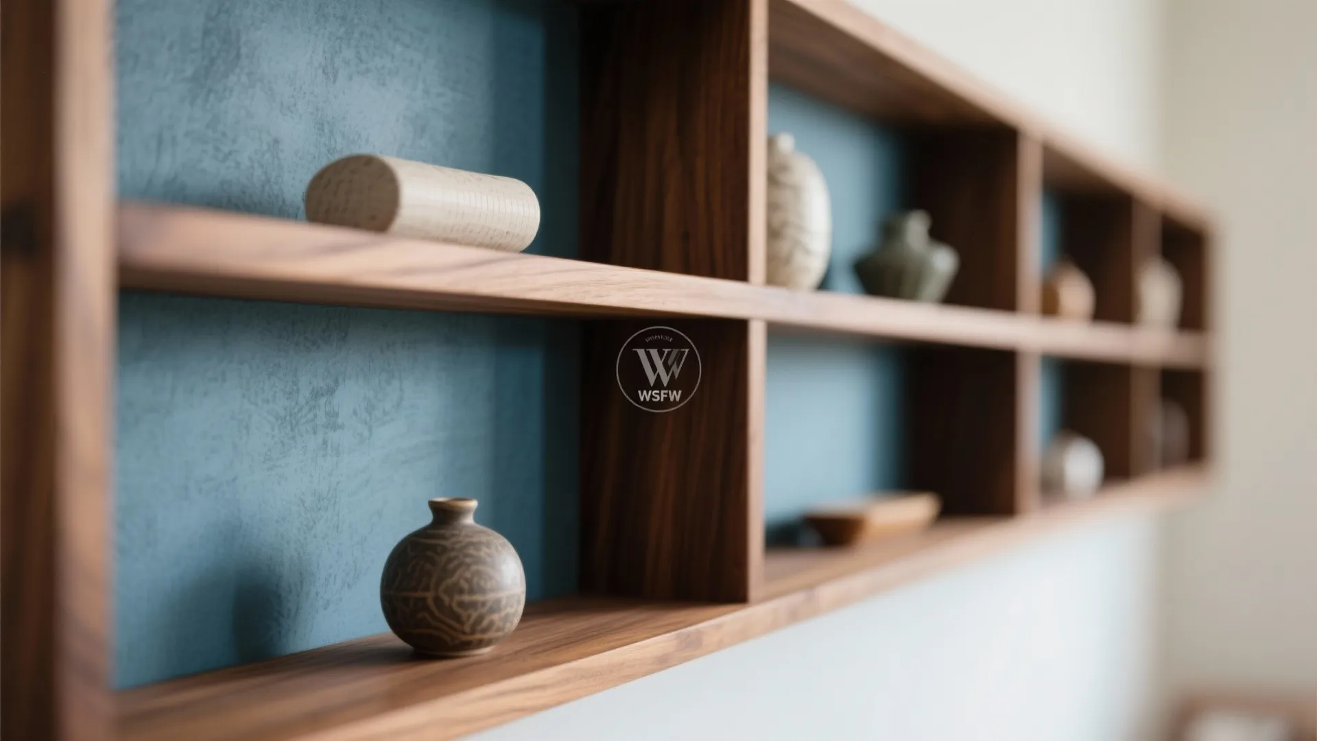6. Walnut Shelving with Blue-Backed Niches
