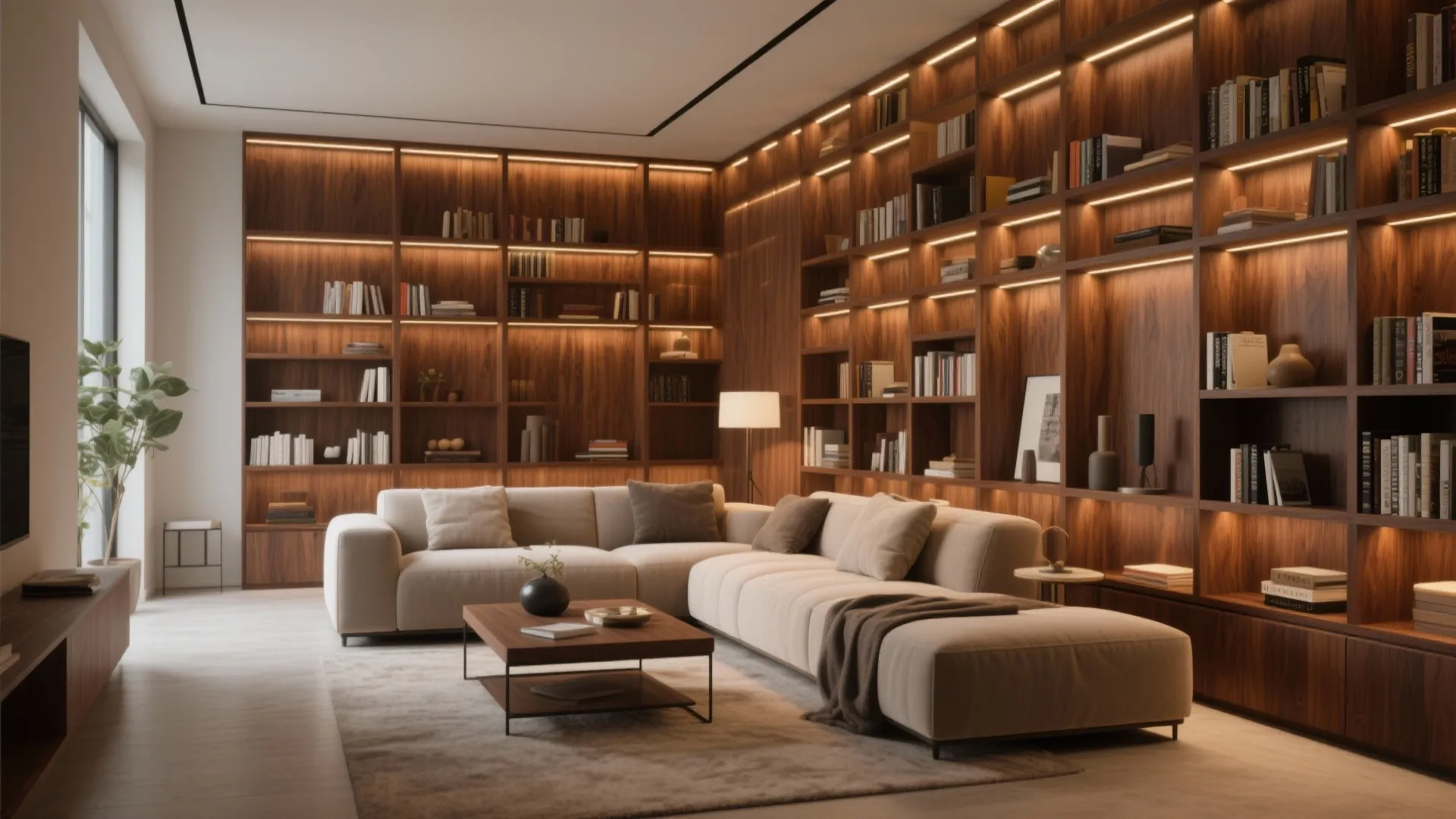 Living room with walnut bookshelves and warm lighting